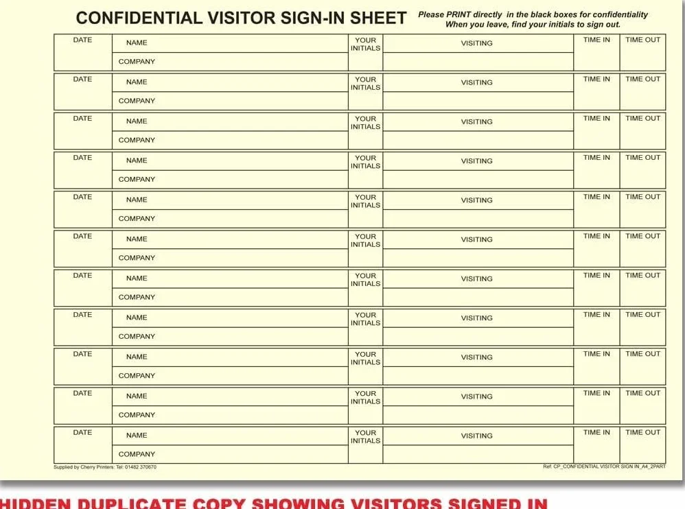 Cherry Printers Carbonless NCR Visitor Sign in Duplicate Wiro Book A4 50 Set