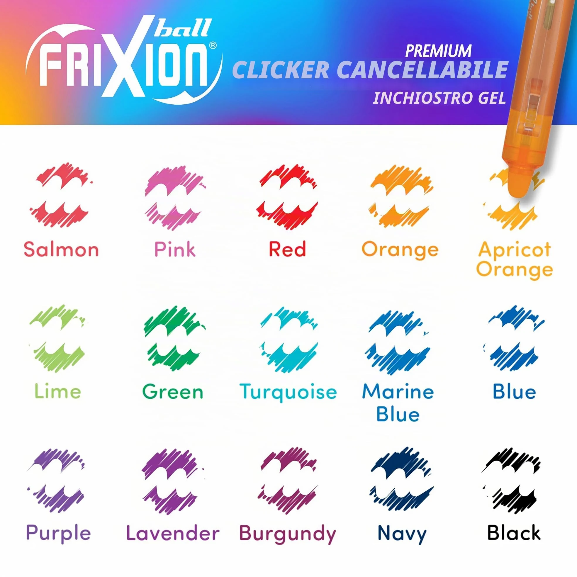 PILOT Penna 14447 FriXion Clicker Cancellabile, Ricaricabile & Retrattile Penna inchiostro gel, Punta fine, Colori assortiti, Confezione da 15
