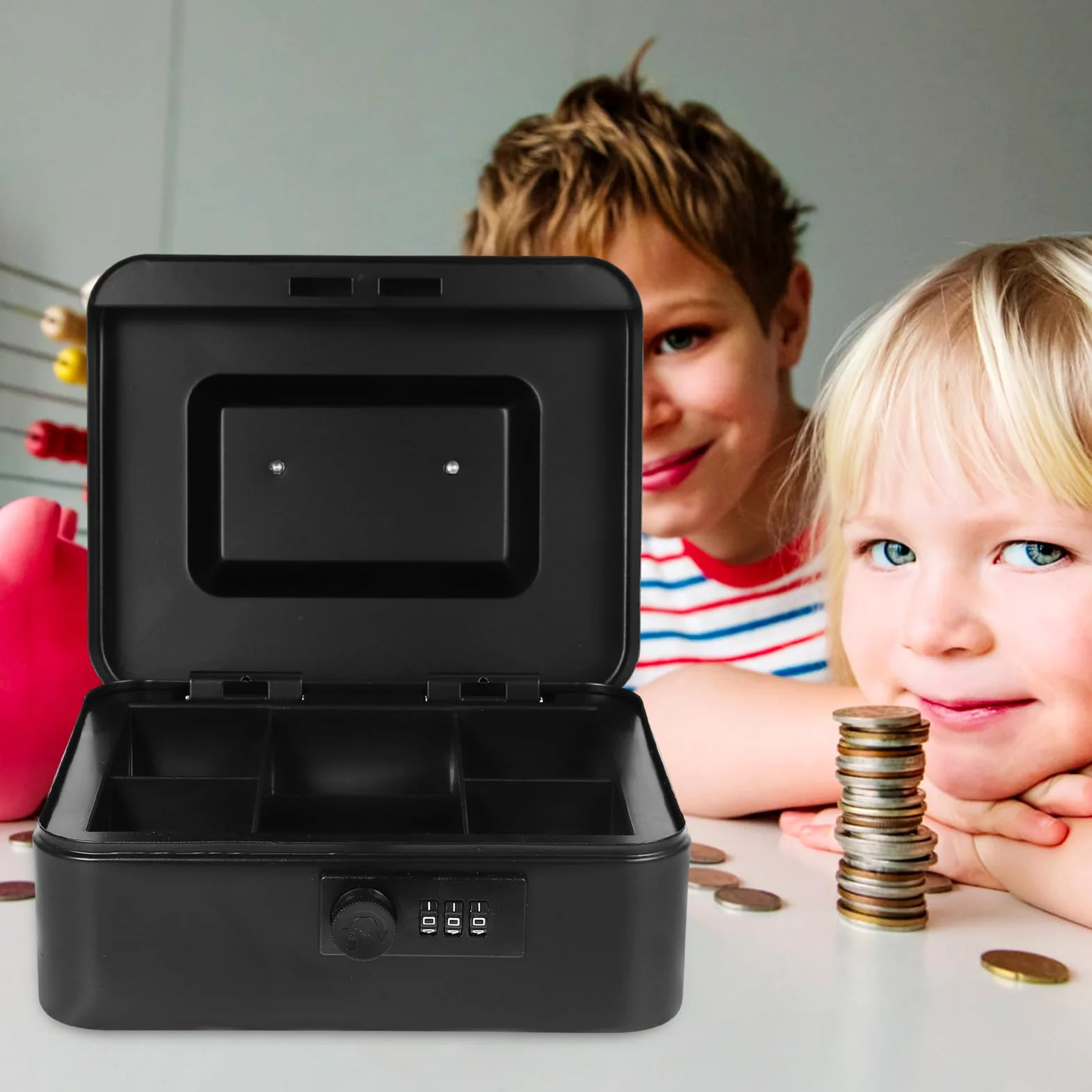 Abaodam Cassetta Portavalori Chiudibile a Chiave in Metallo Nero con Combinazione Digitale, Piccola Scatola Organizer per Contanti e Oggetti Personali, Cassaforte Compatta per Ufficio