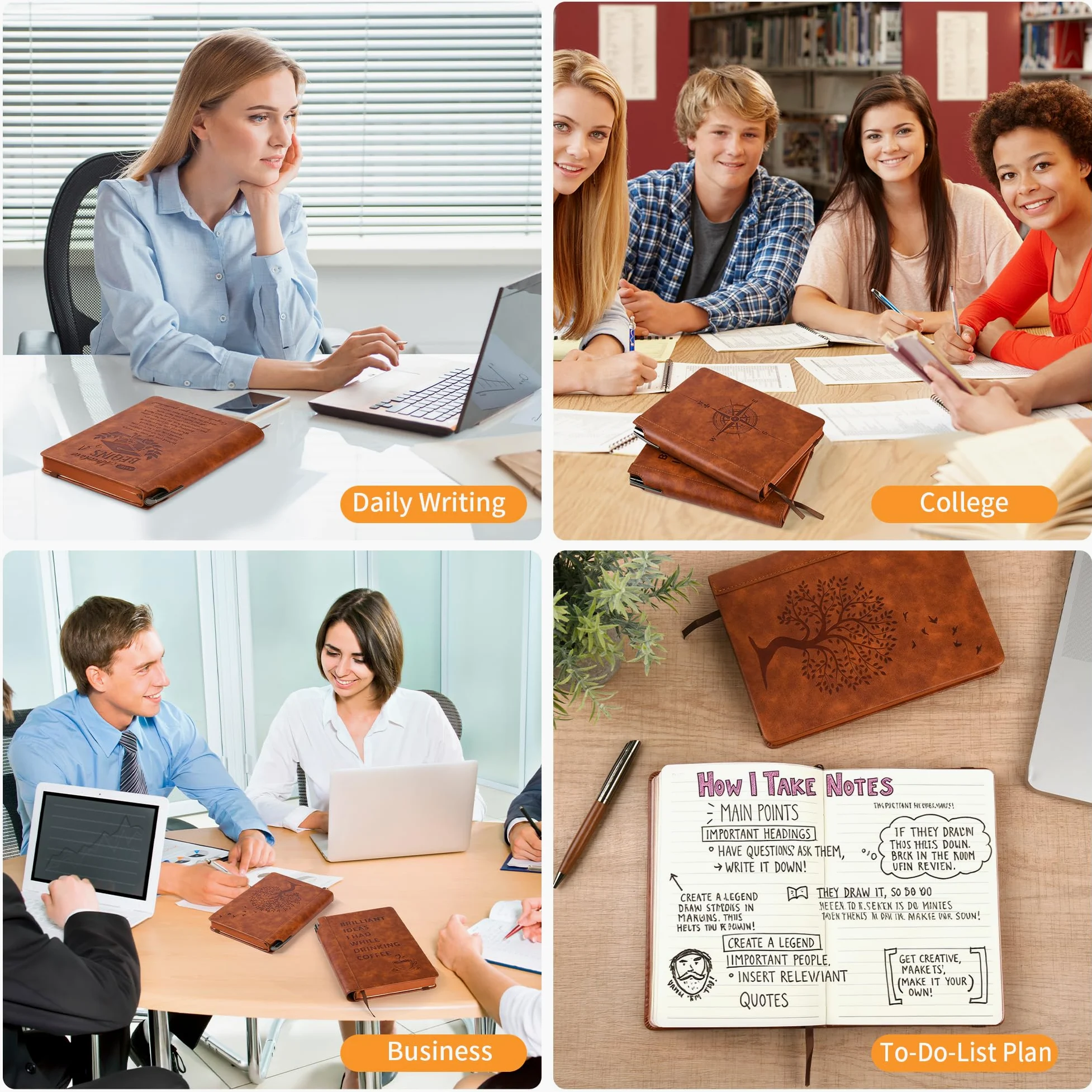 Diario in pelle per uomini e donne, quaderno a righe universitario con penna, quaderno per riunioni di lavoro, 288 pagine a righe, formato A5, carta da 100 g/m², regalo ideale (albero