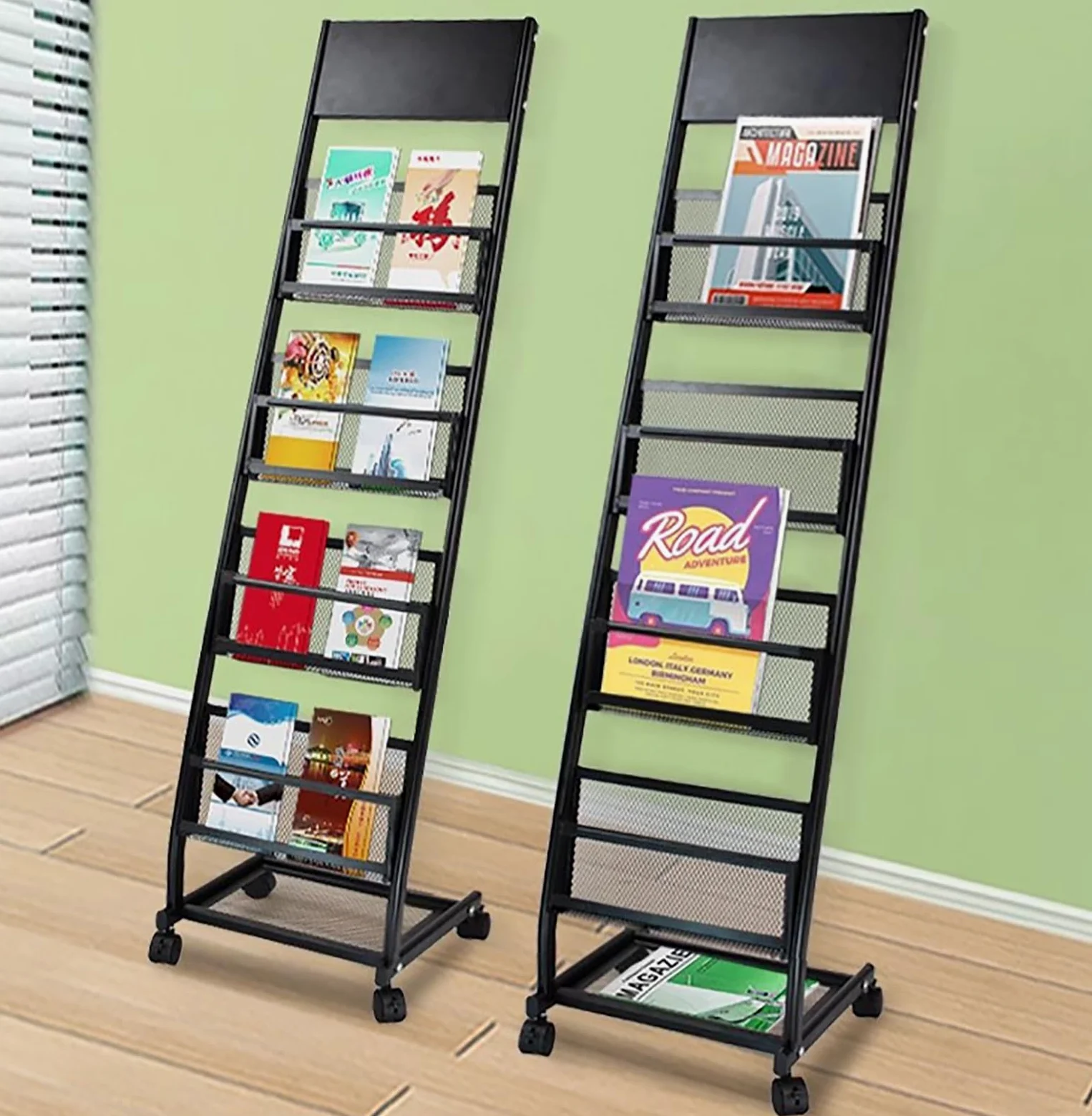 Portariviste in rete metallica con rotelle, espositore a 5 strati per brochure e archivio, organizer verticale multiuso, decorazione moderna
