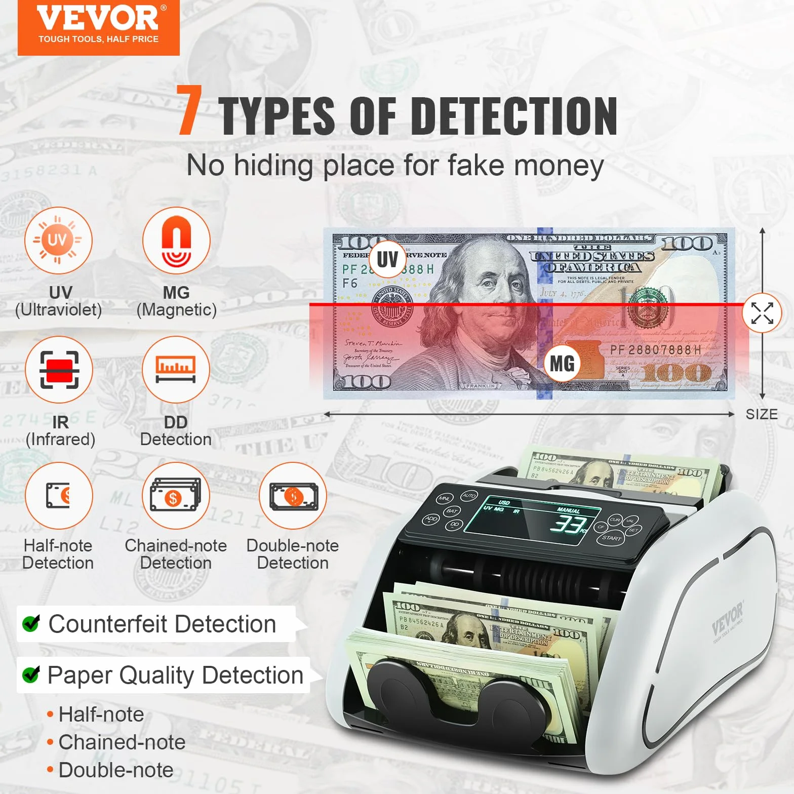 VEVOR Contasoldi, Contabanconote con rilevamento di banconote contraffatte UV, MG, IR e DD, Conta contanti USD ed EUR con ampio display LCD e display esterno per ufficio imprese