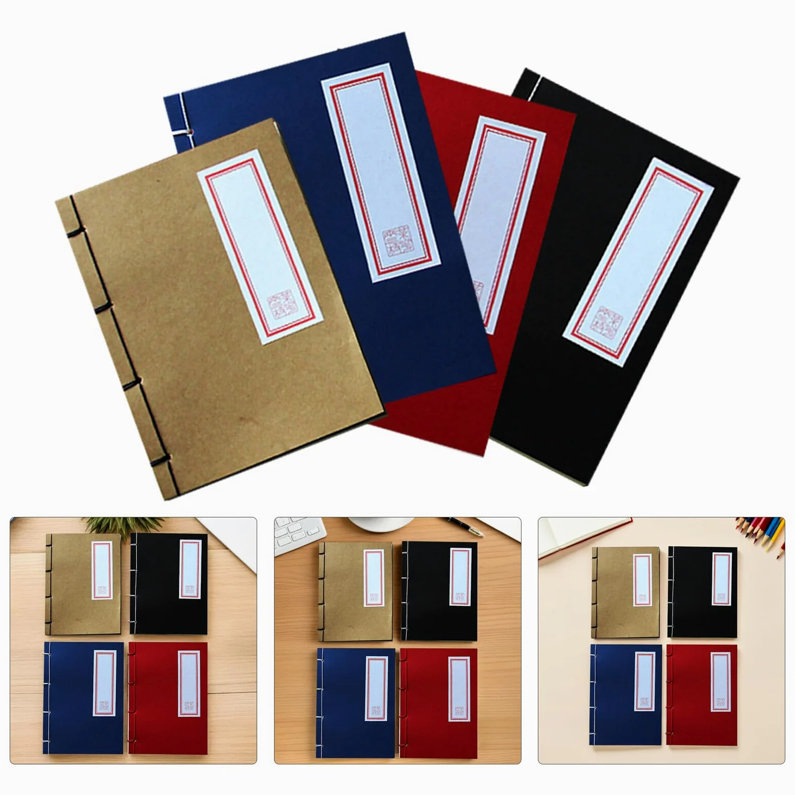 4pezzi Diari Vintage Quaderni per Calligrafia Cinese Copertina Rigida Pagine Bianche Spesse per Scuola Ufficio e Appunti Creativi