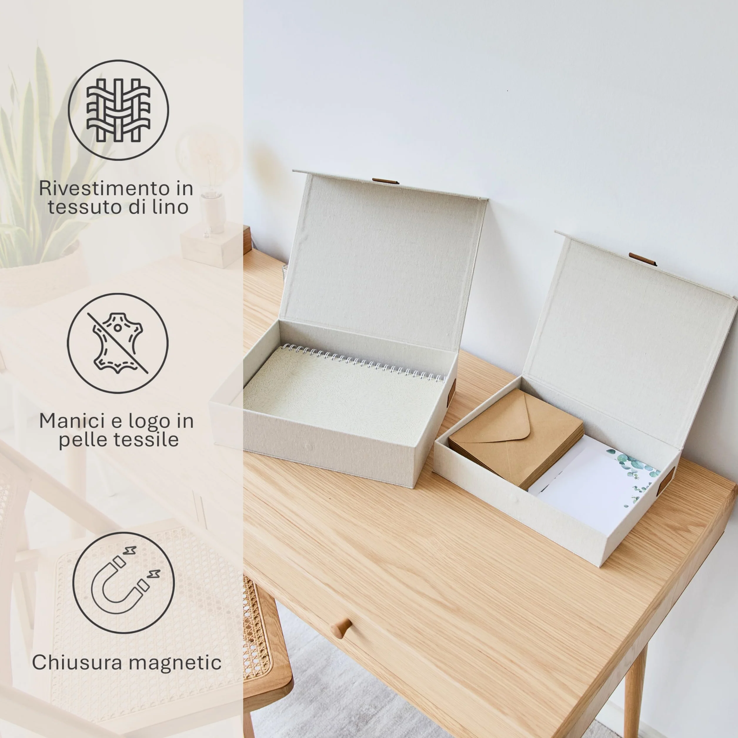 LOVE IT STORE IT - Premium - Scatola con coperchio, set di 2, portadocumenti A4, coperchio in lino, chiusura magnetica 28x23x6 cm & 31x25x8 cm
