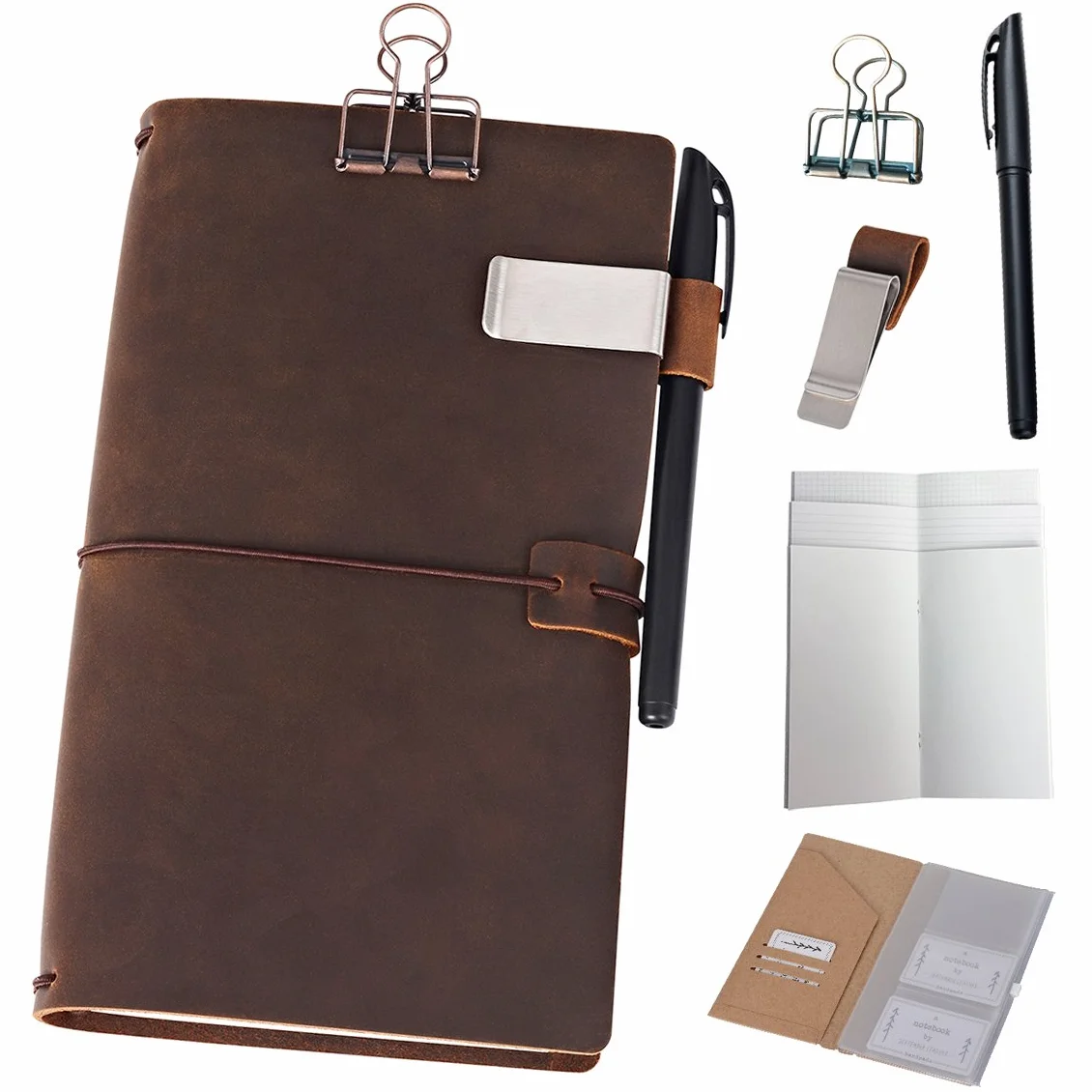 Diario ricaricabile, in pelle, 11,4 x 21,6 cm, con 5 inserti, portapenne e clip fermacarte, dimensioni standard, marrone