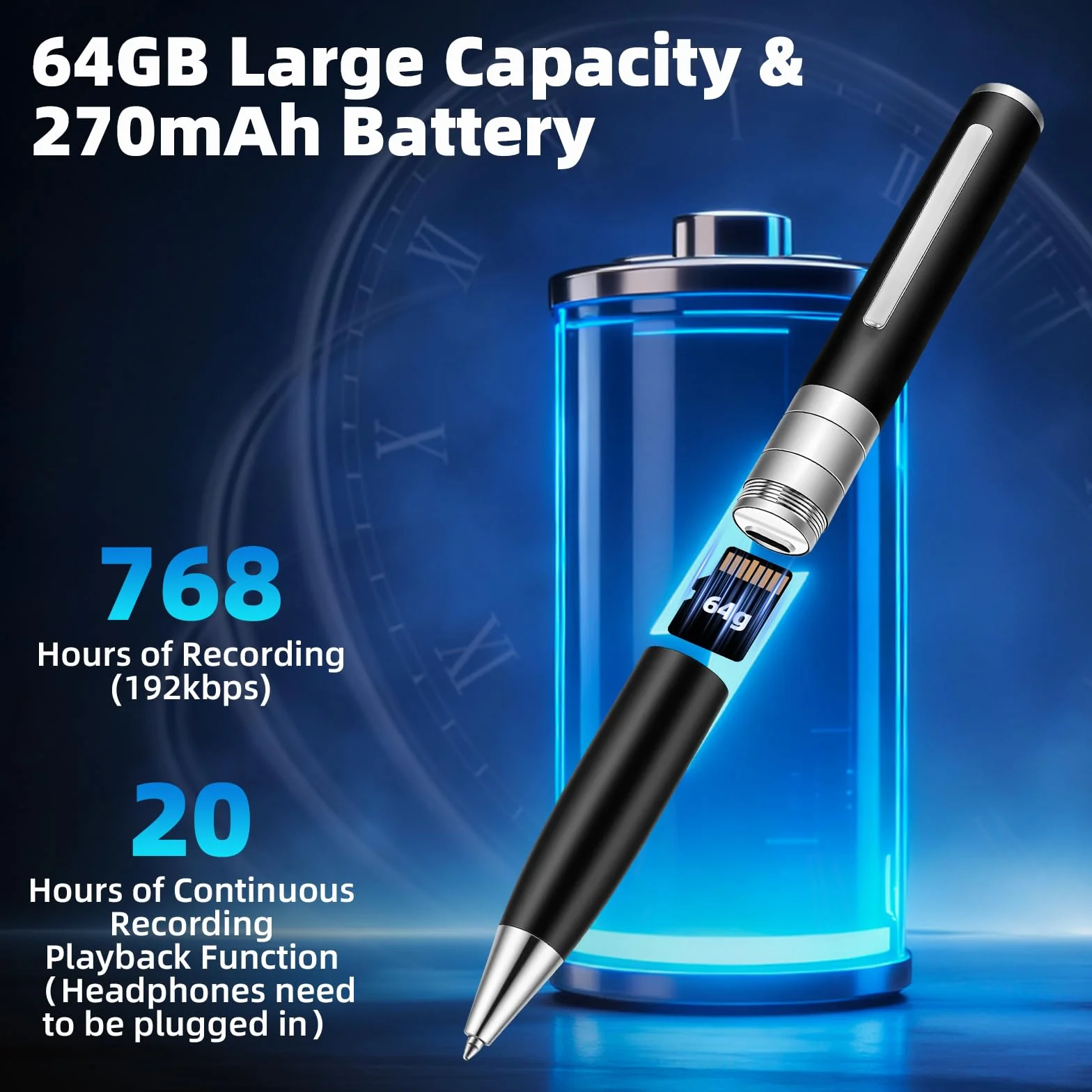 Penna registrazione vocale 64 GB - Dittafono Registratore Vocale automatico e continuo tramite attivazione rotativa, Registratore Vocale Spia Discreta per Corsi, Incontri, Interviste