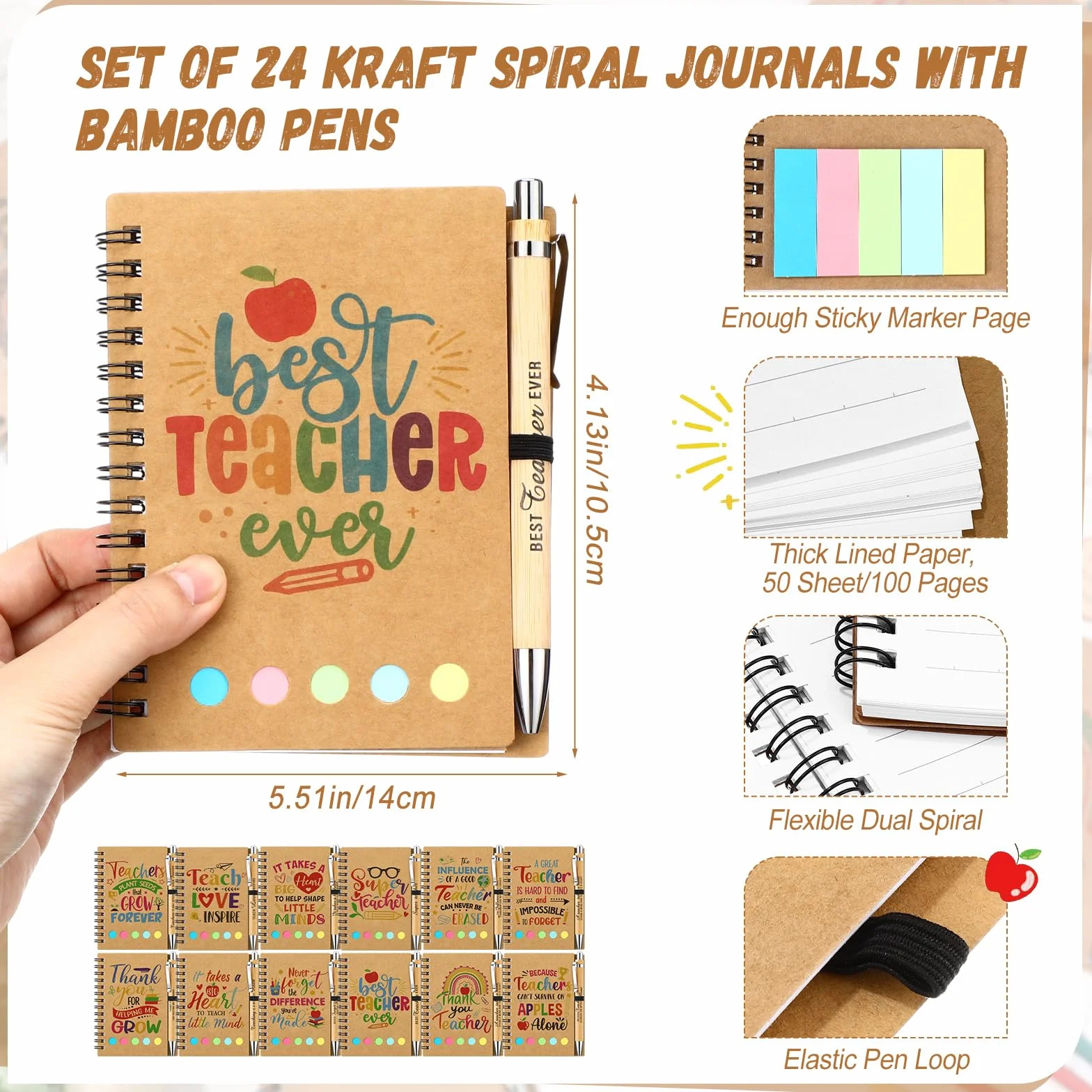 Resurhang 24 set di regali di apprezzamento per insegnanti da studenti, quaderni a spirale per insegnanti con copertina in carta kraft con note adesive colorate bandiere penne a sfera in bambù