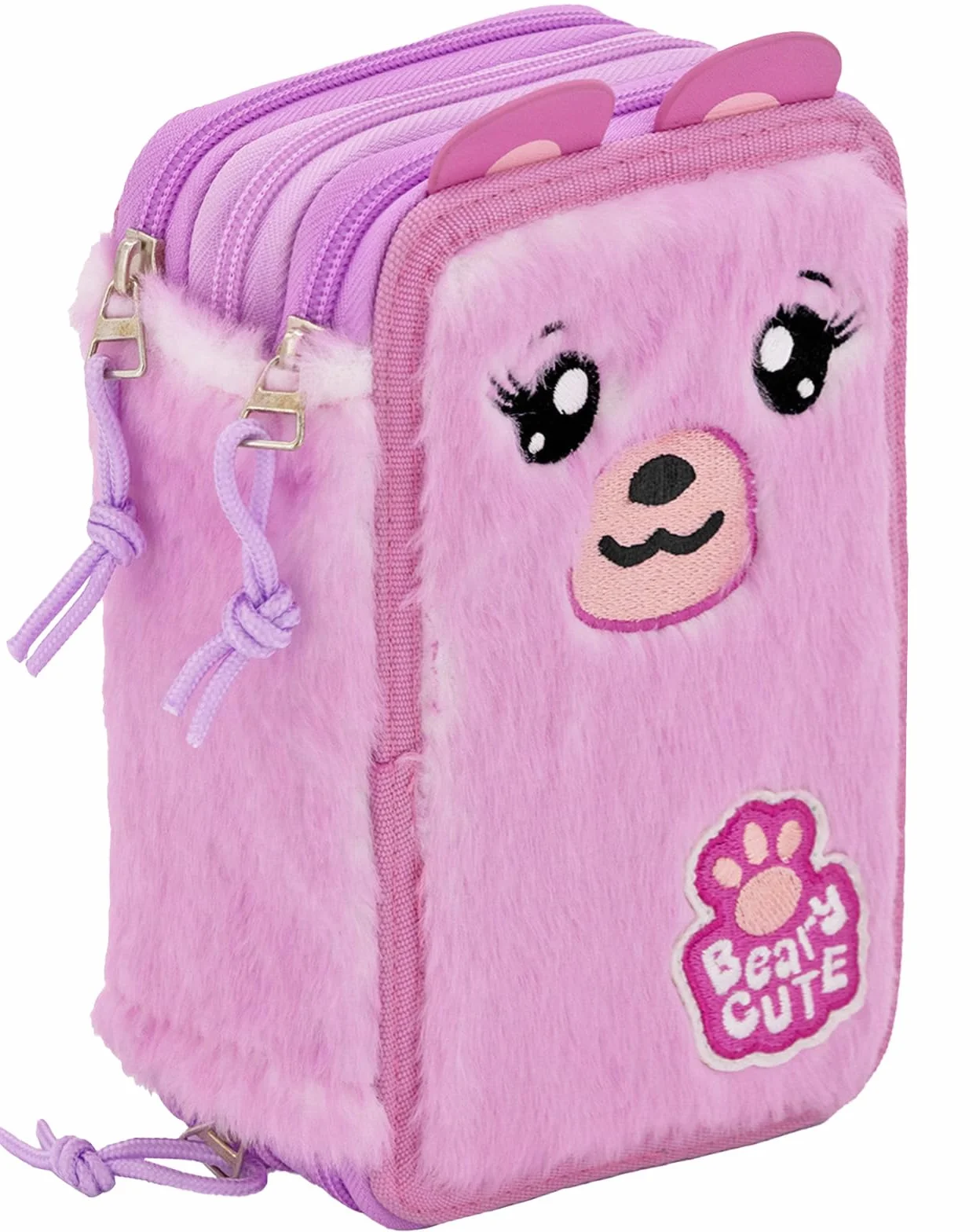 Julian Ross Astuccio 3 Scomparti Fluffy 45 Pezzi, Penne Gel Cancellabili, Colla, Forbici, Pastelli 4.0, 3 Zip, Bambina, Scuola, Orsetto Rosa
