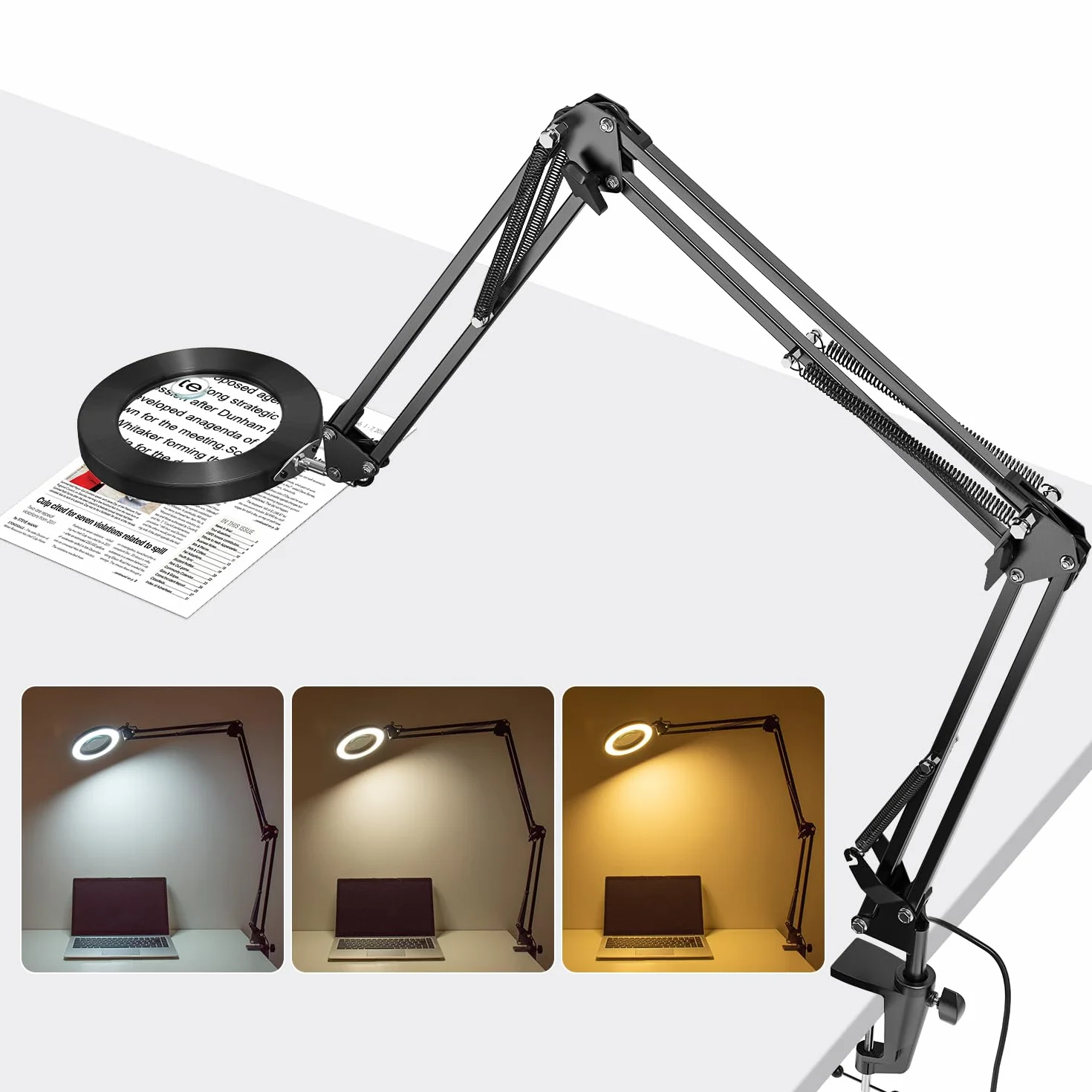 Lampada con Lente d'Ingrandimento, 10X 15X Lente d'ingrandimento con Luce e Supporto con 3 Braccio Orientabile, Lampada da Tavolo con 72 LED Dimmerabili per Lettura, Riparazione, Lavoro Manuale