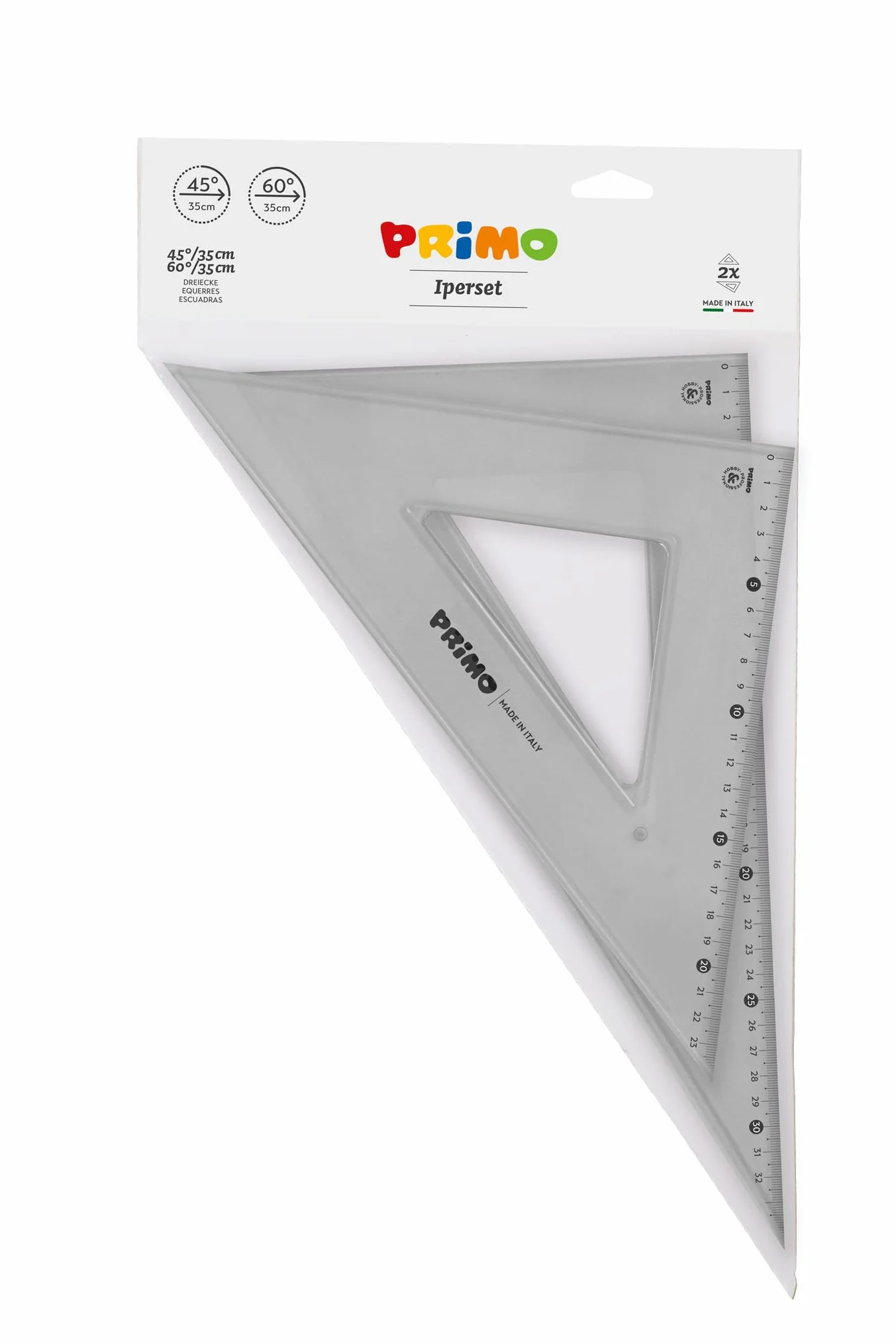 PRIMO Set 2 Squadre 45°/35 cm e 60°/35 cm Antiriflesso per Disegno Tecnico con Bordo Righello