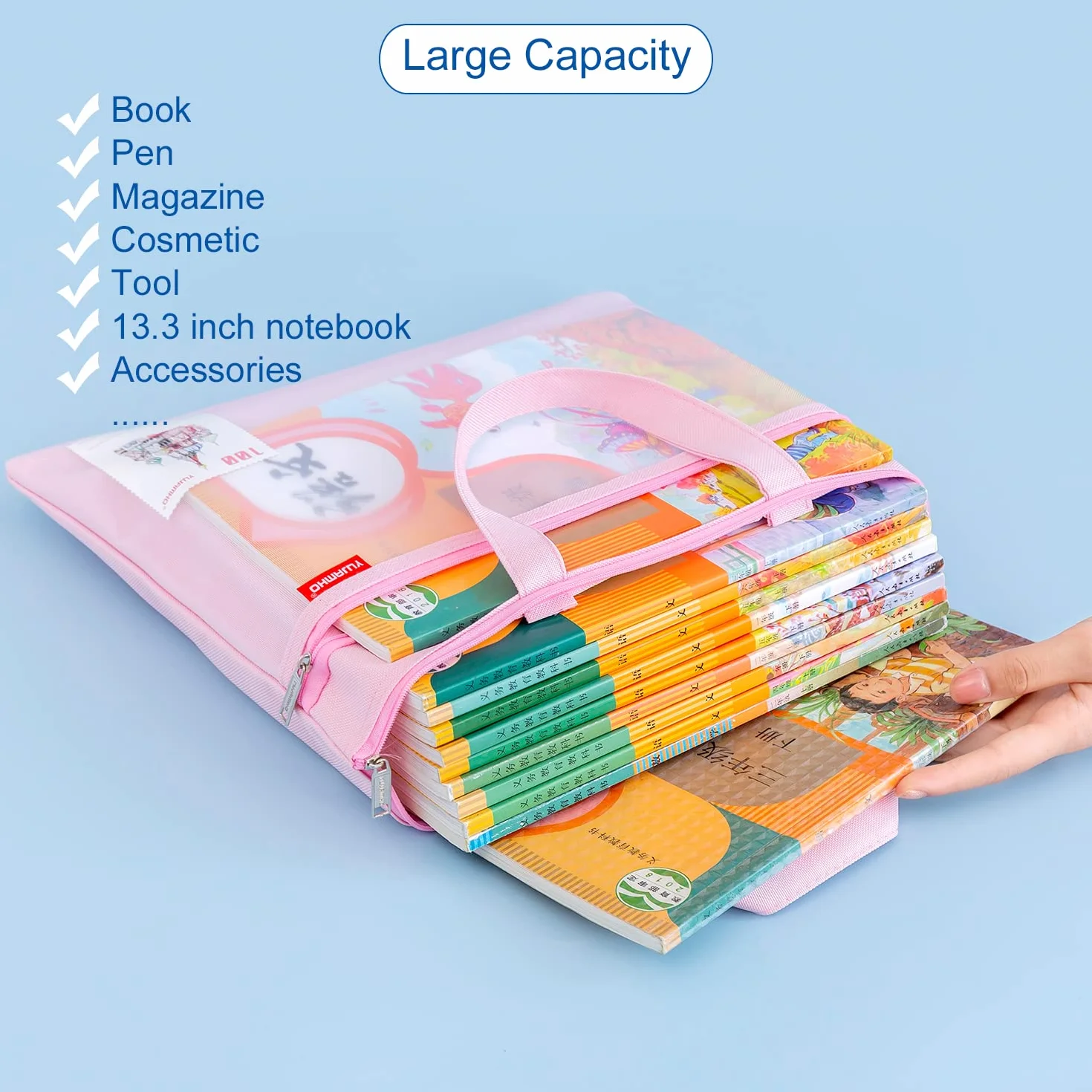 Set di 2 portadocumenti A4 in nylon impermeabili con doppia cerniera blu e rosa