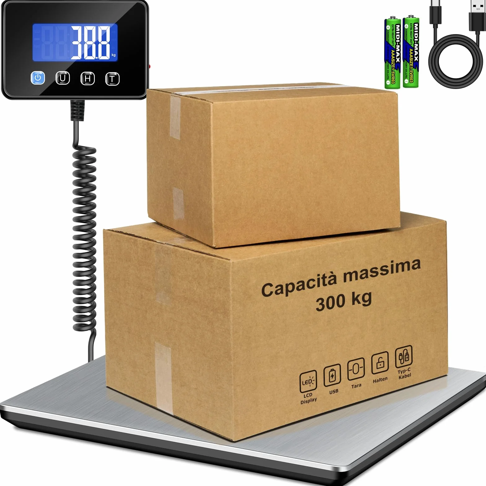 Bilancia Pesa Pacchi 300kg 20g Profesjonalna LCD Tara Hold USB