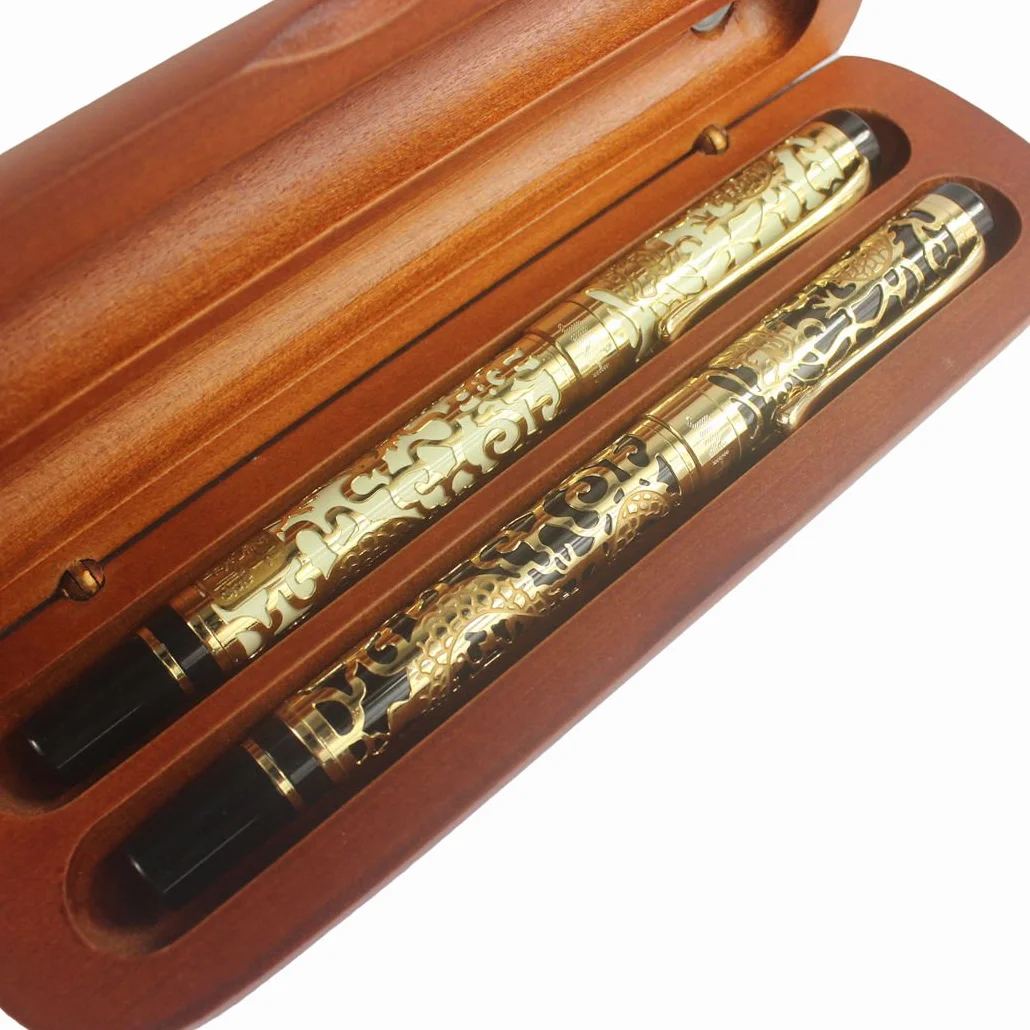 Jinhao penna stilografica e Roller penna 5000 anno di drago, drago dorato con Beige e nero + 2 bastoni di legno marrone scatola penna