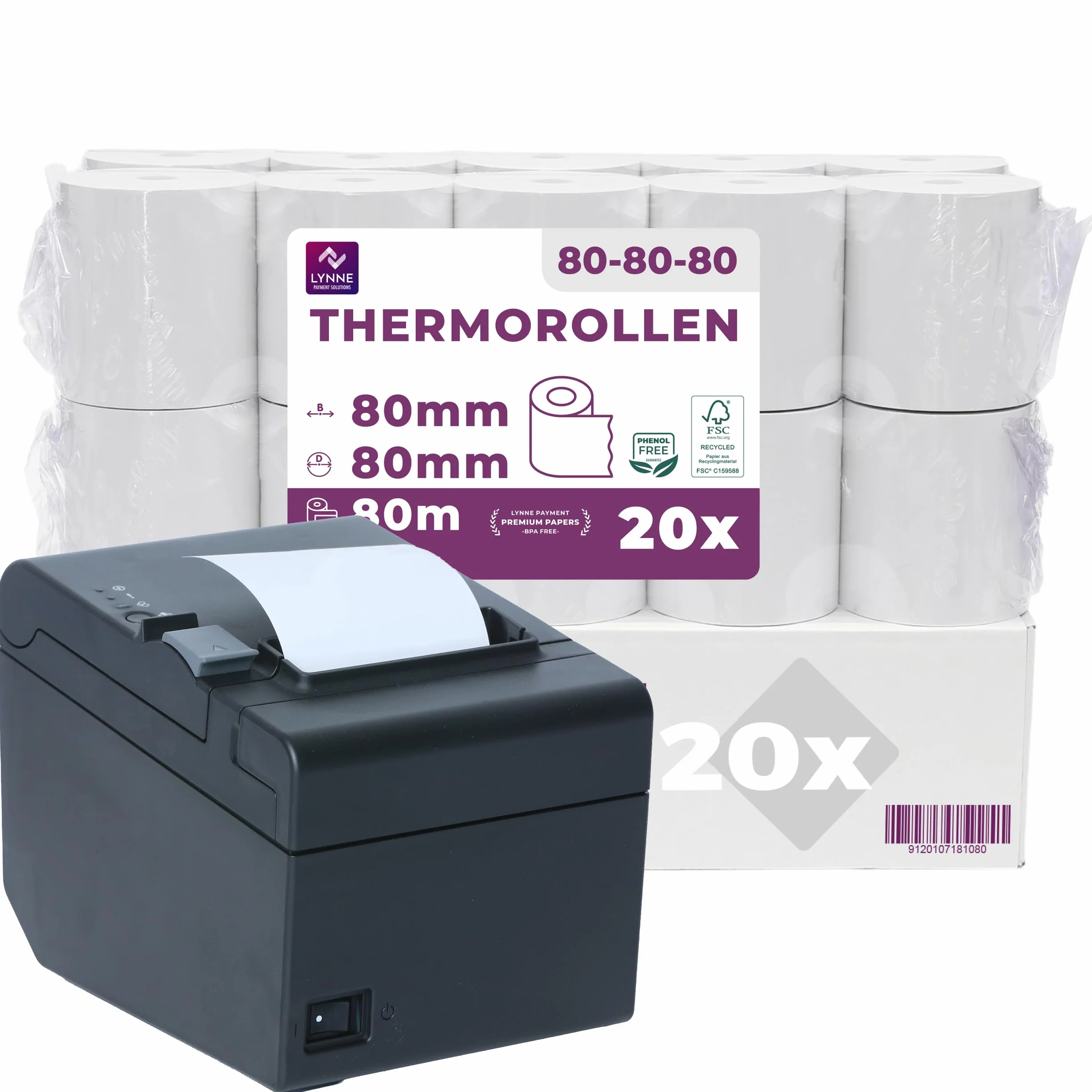 Rotoli Cassa 80x80 Termica Fiscale 80x80x12 80mm x 80m x 12mm [20x]