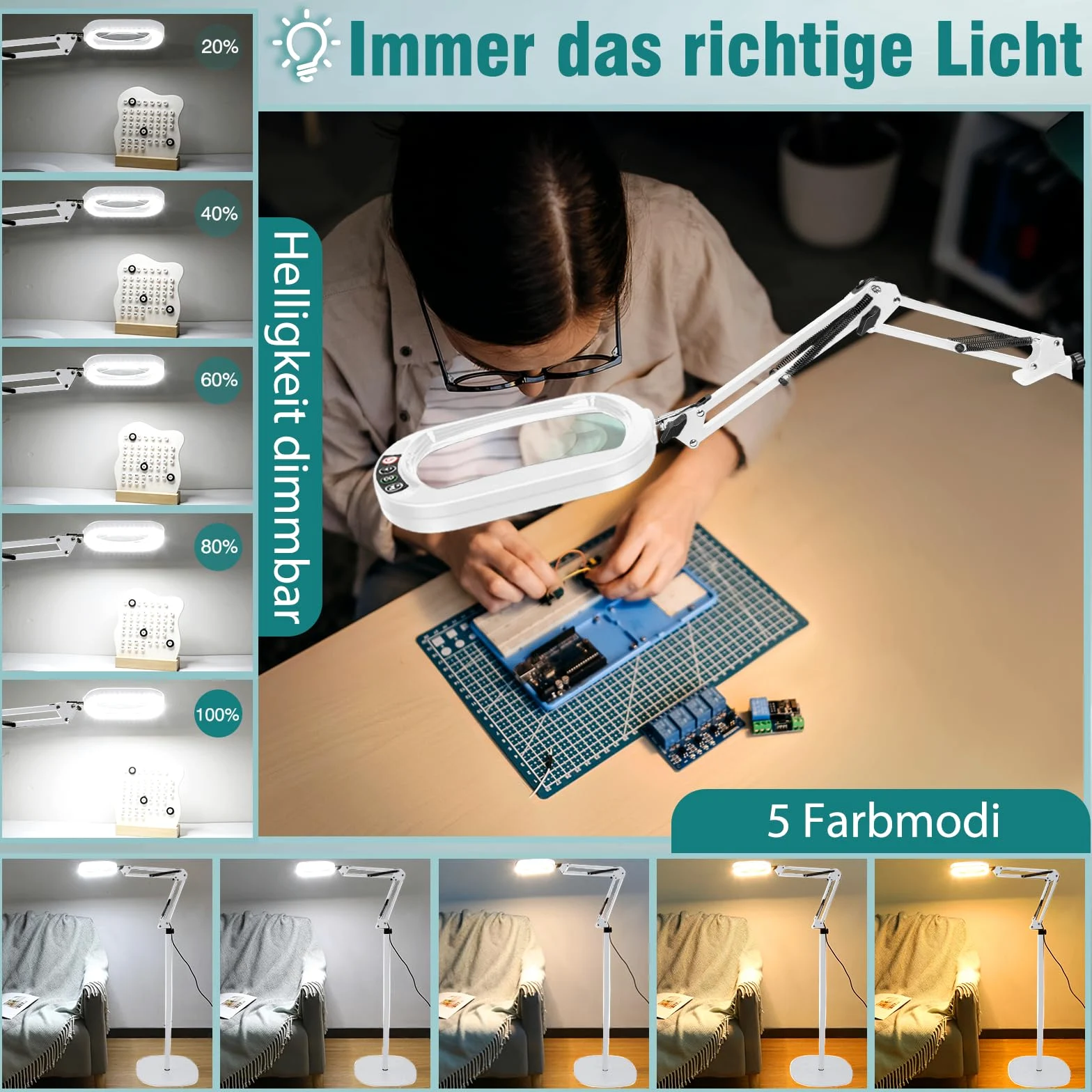 Lente d'ingrandimento 10X con luce e supporto, lampada da terra con lente d'ingrandimento 3 in 1, 5 modalità di colore, lampada con lente d'ingrandimento dimmerabile per pittura e cucito.