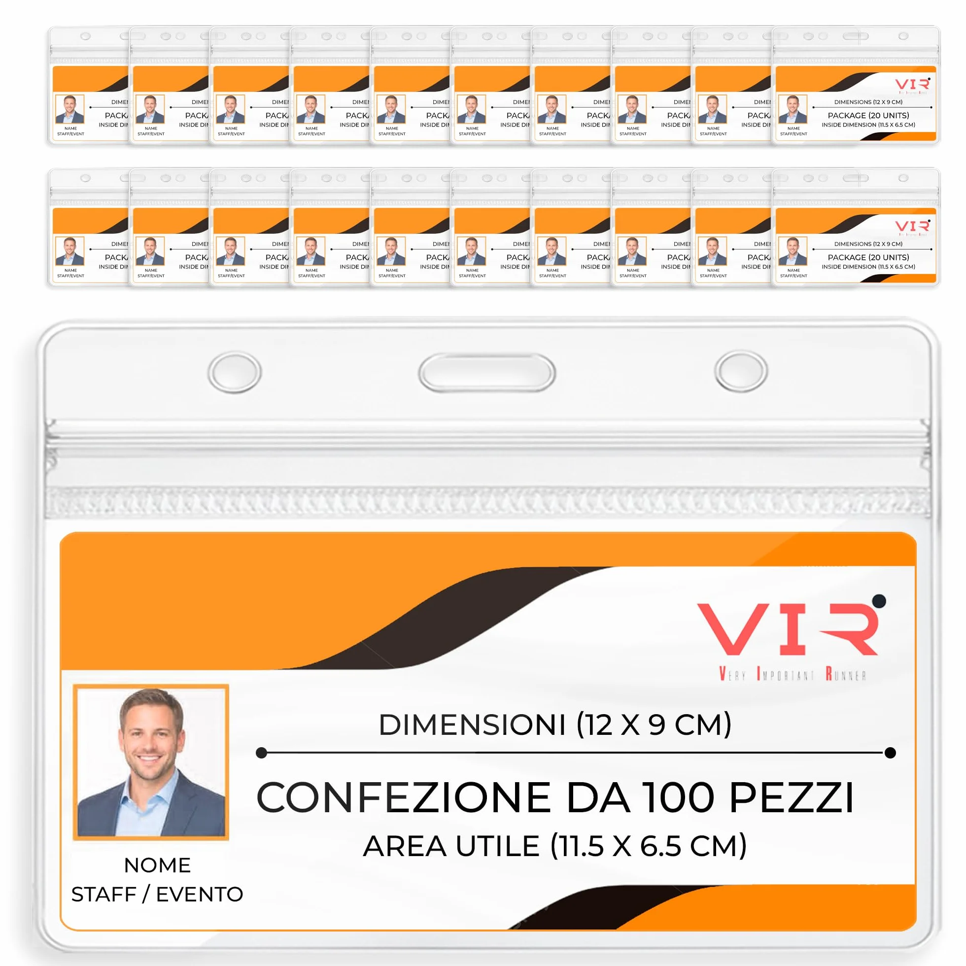Porta Badge Trasparenti Impermeabile in PVC con Bordi Termosaldati e Apertura Superiore - 100 Pezzi