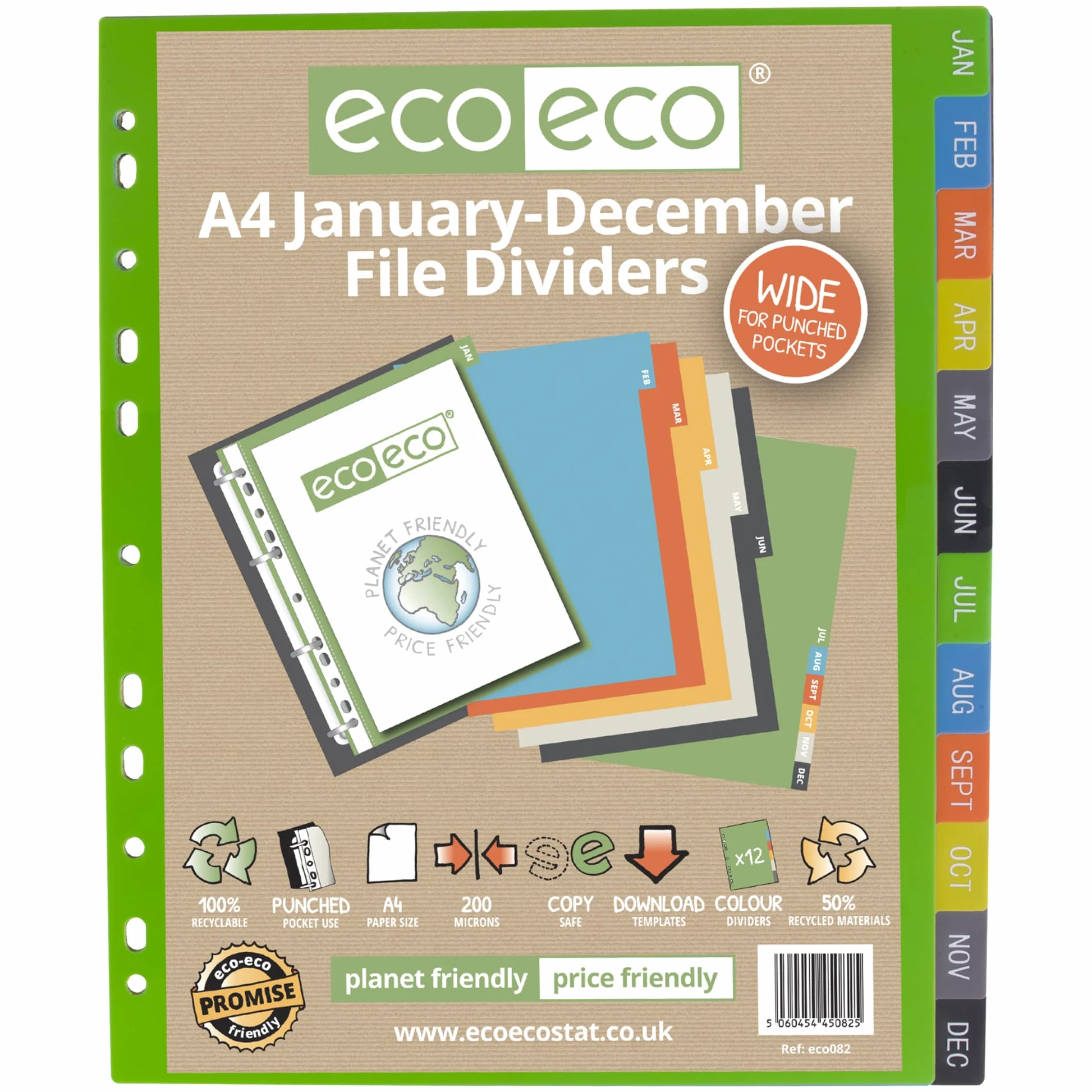 eco-eco Eco082x12 - Divisori extra larghi in formato A4, 50% riciclati, rinforzati, colori da gennaio a dicembre, 200 mic (confezione da 12), eco082 x 12