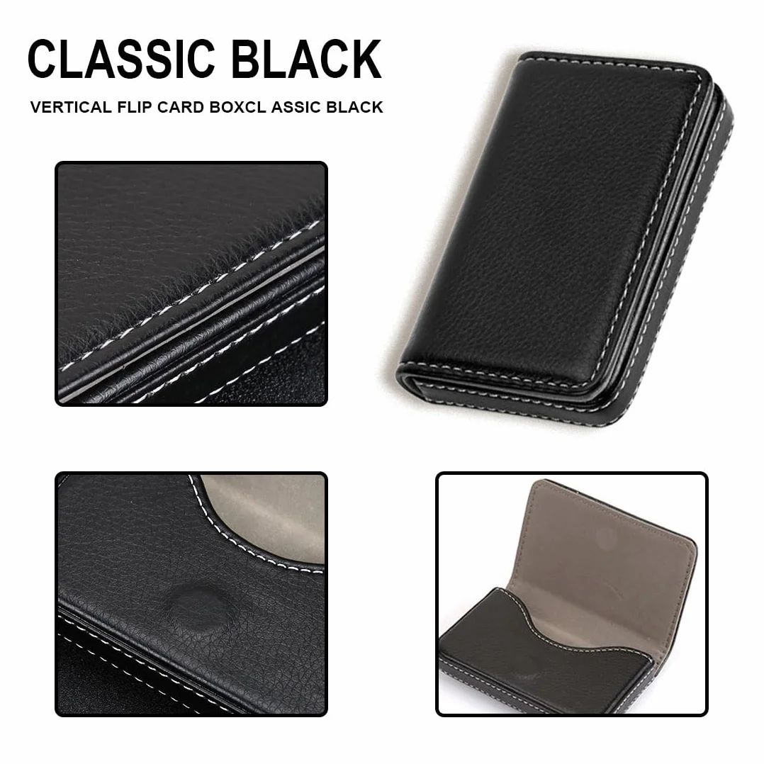 Porta biglietti da visita in pelle PU con fibbia magnetica, Acciaio Inox, Nero