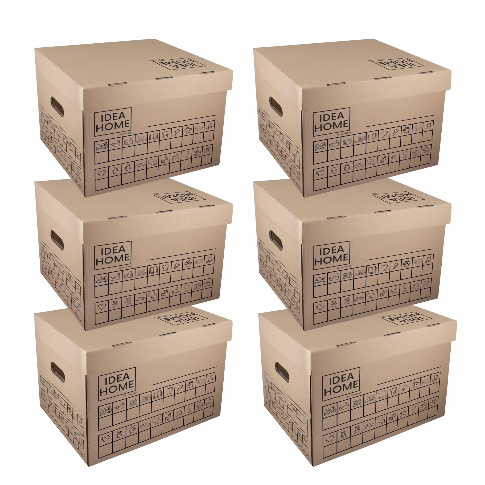 IDEA HOME MOOVE Scatole Trasloco Set 6 – Cartoni Resistenti 5 Strati 420 g/m² con Coperchio Autochiudente – Portata 30 kg – Maniglie Ergonomiche – Etichette e Marker Inclusi