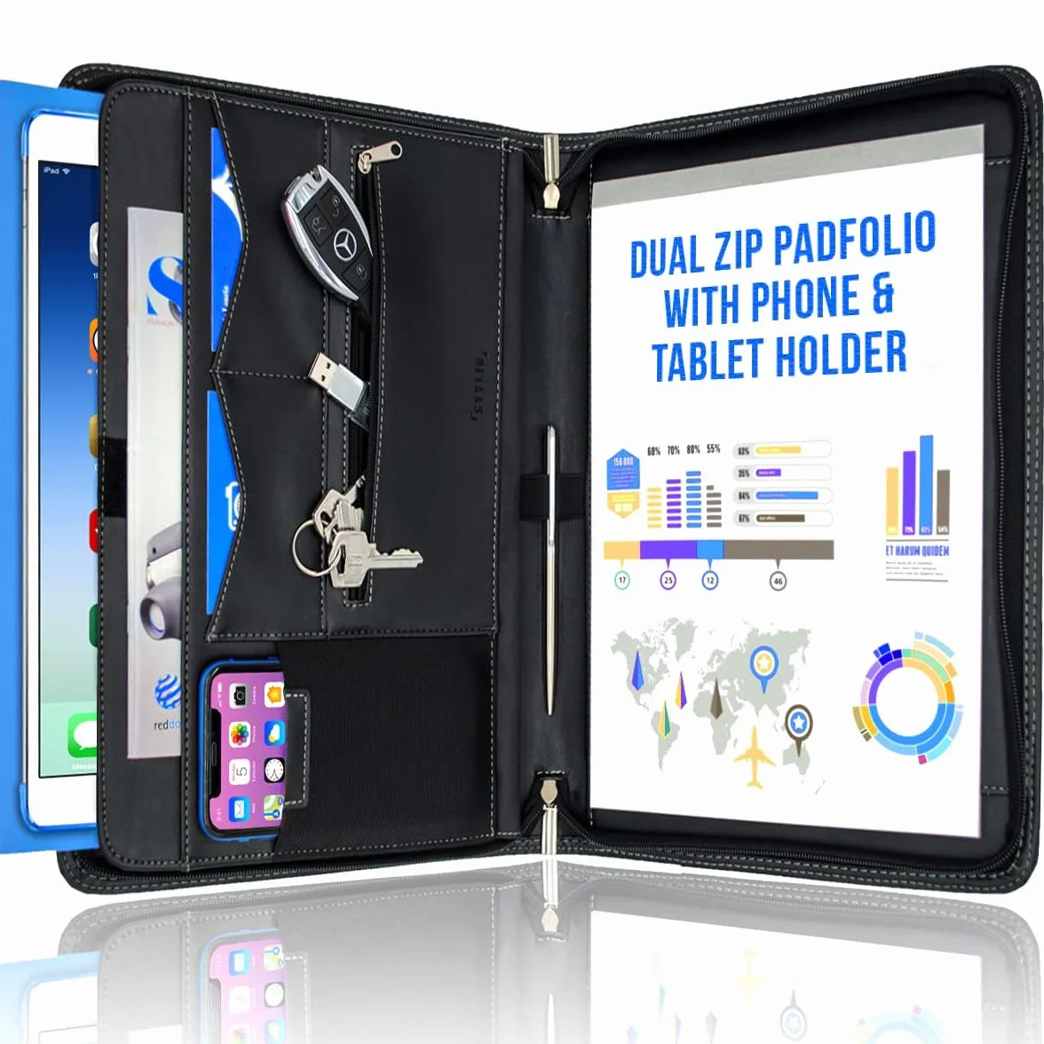 STYLIO A4 Cartella Conferenze con Cerniera Raccoglitore Portadocumenti Organizzatore per Quaderno Smartphone iPad Tablet fino a 11 pollici Chiavi Blocco Note