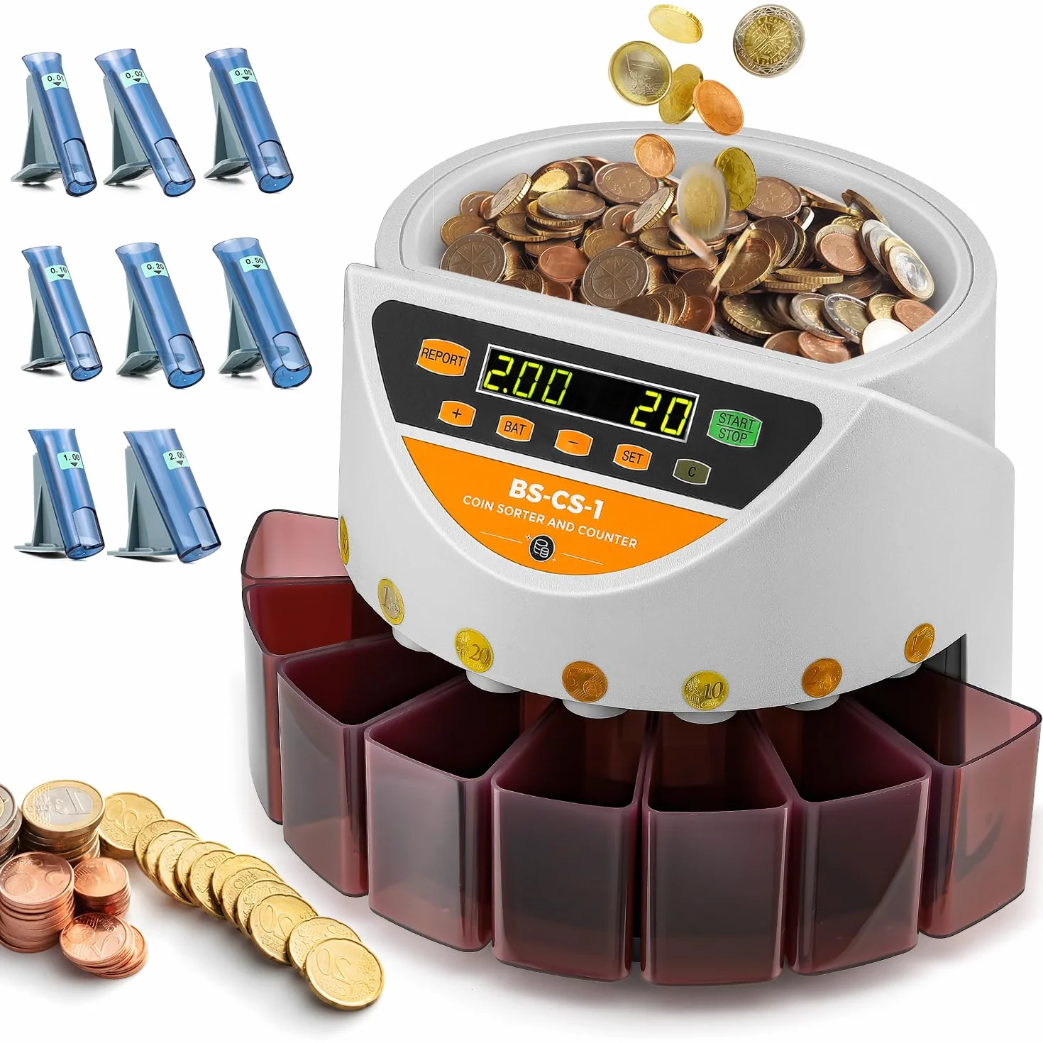 Bonvoisin Contamonete e Sorter - 270 monete/min Velocità di conteggio, con cassetti e tubi per monete - Numero di lotti preimpostato, funzione di report, capacità della tramoggia di 500 monete (EU)