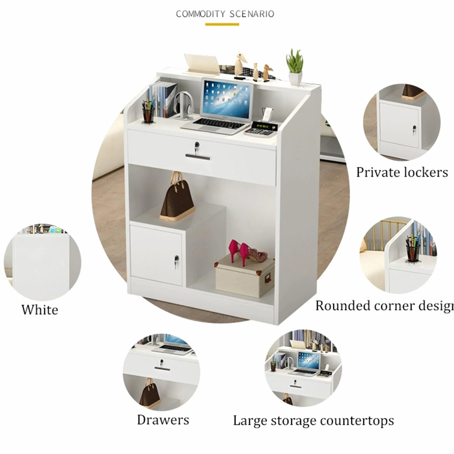 Banco reception con cassetti, reception tavolo bancone, Bancone vendita, per ufficio, sale aziendali, hotel, negozi di abbigliamento, pasticcerie, frutterie, bianco, MDF 60x40x92cm