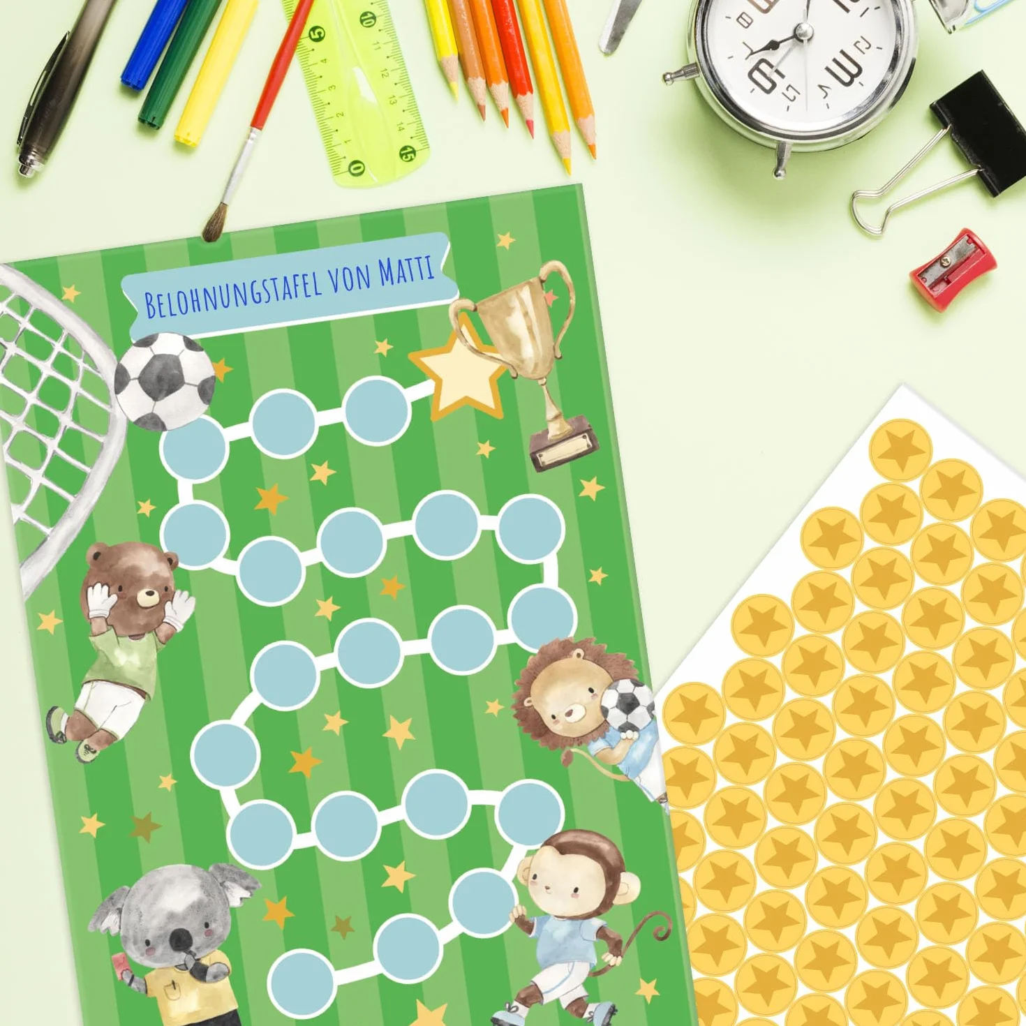 Set di 10 tabelle delle ricompense Calcio con adesivi a forma di stella per bambini