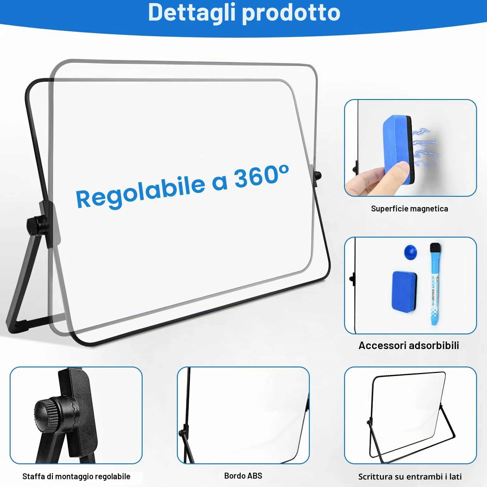 Lavagna bianca magnetica da scrivania, formato A3 (30 x 42 cm), doppia faccia cancellabile a secco, con supporto, piccola lavagna bianca in vetro per promemoria, calcoli, brainstorming, etichette di