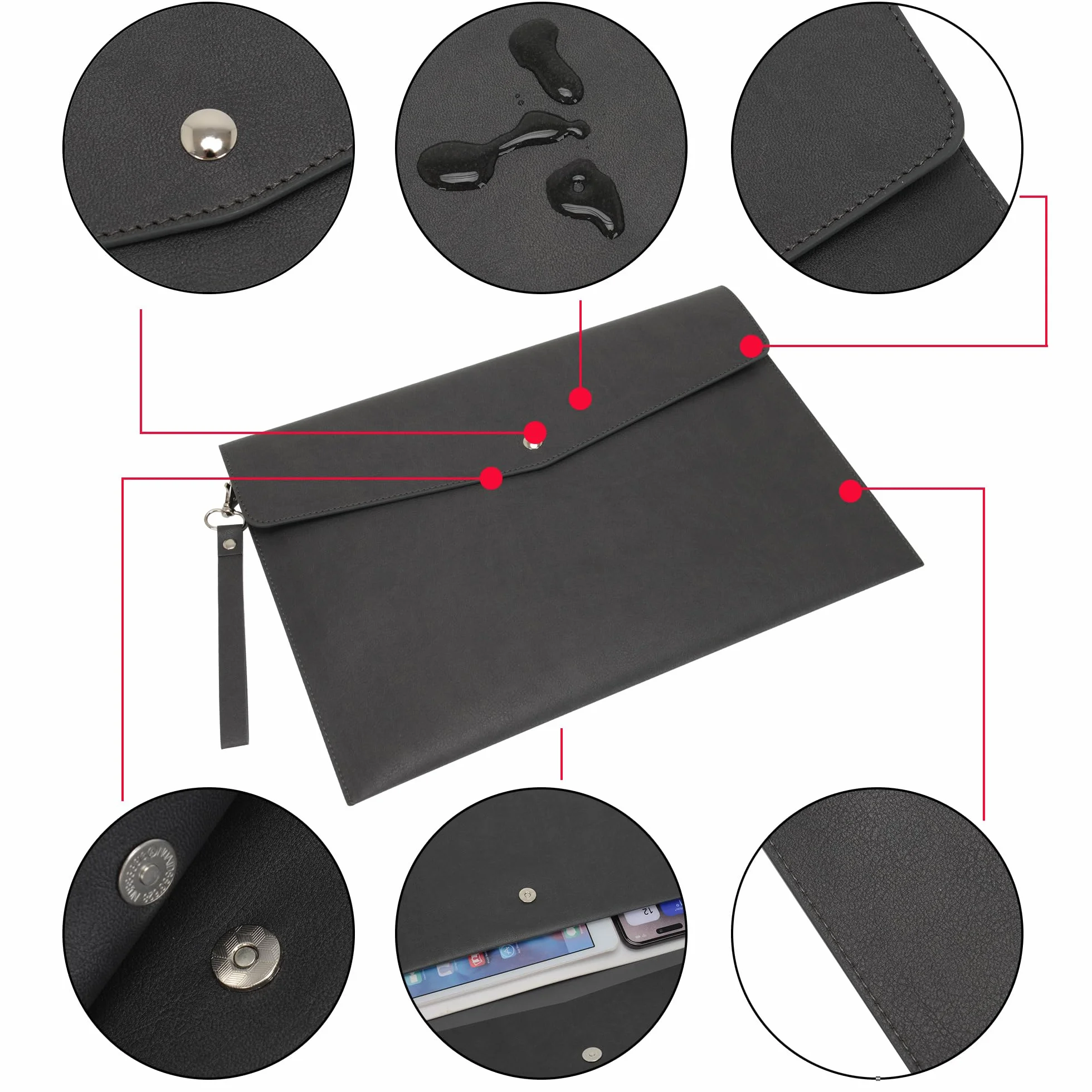 Wonderpool A4 Cartelle Portadocumenti Busta in PU Pelle Alta Capacità Multifunzione Portafoglio per Carta Lettera Cancelleria Organizer e Custodia per Tablet PC (Grigio scuro)
