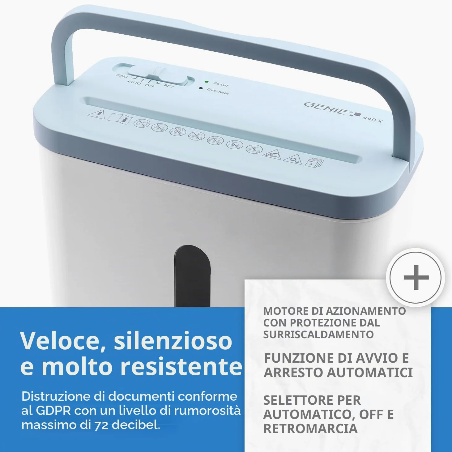 GENIE 440 distruggidocumenti | Taglio particelle 4 x 38 mm | Livello di sicurezza P-4 | Silenzioso 72 dB | Shredder compatto e portatile | Funzione di avvio/arresto automatico | Protezione da