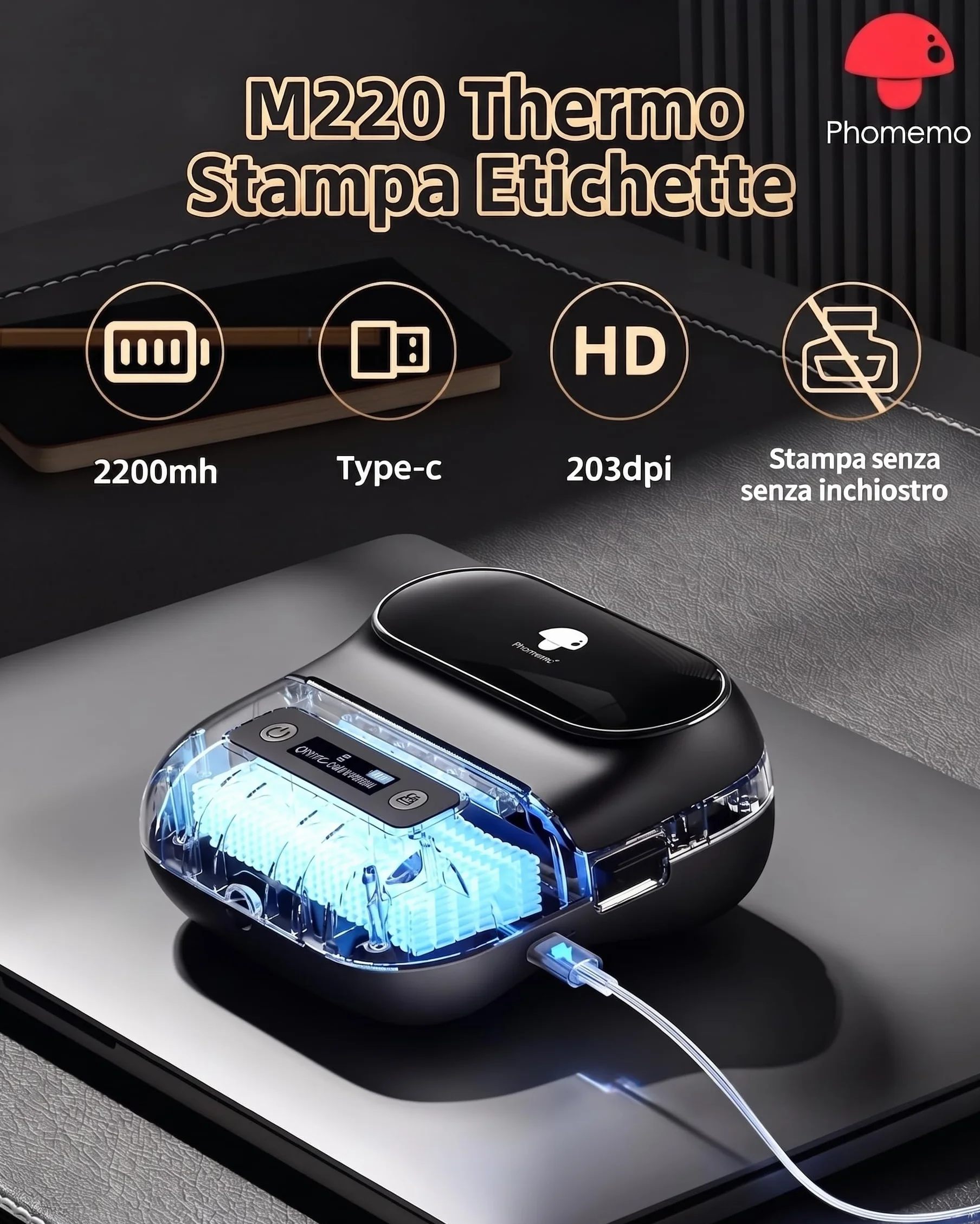 Phomemo M220 Stampante per Etichette Termica Portatile per Etichette Adesive Compatibile Smartphone PC