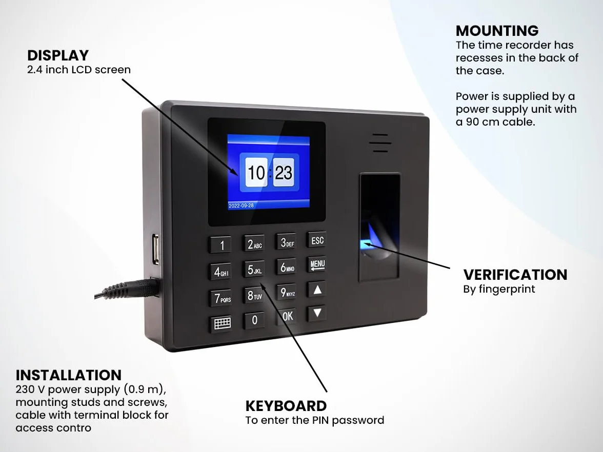 HDWR FTR06 - Orologio in macchina, Attandenza del tempo dei dipendenti, sistema di presenze e presenze, verifica biometrica di impronte digitali e password, archiviazione dati ad alta capacità