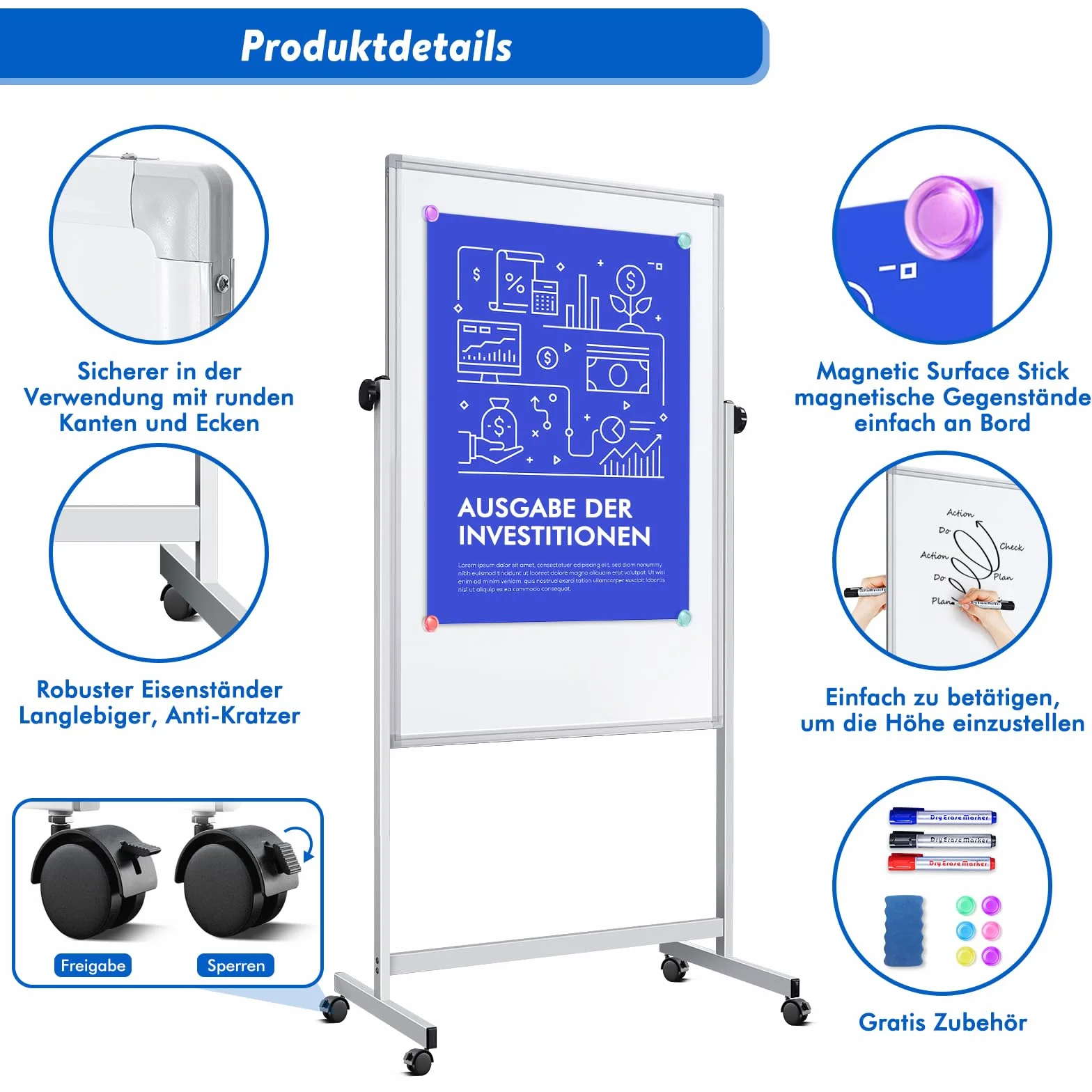 maxtek Lavagna mobile regolabile in altezza, 120 x 80 cm, lavagna magnetica su entrambi i lati con supporto, lavagnetta a secco, per ufficio, classe e casa