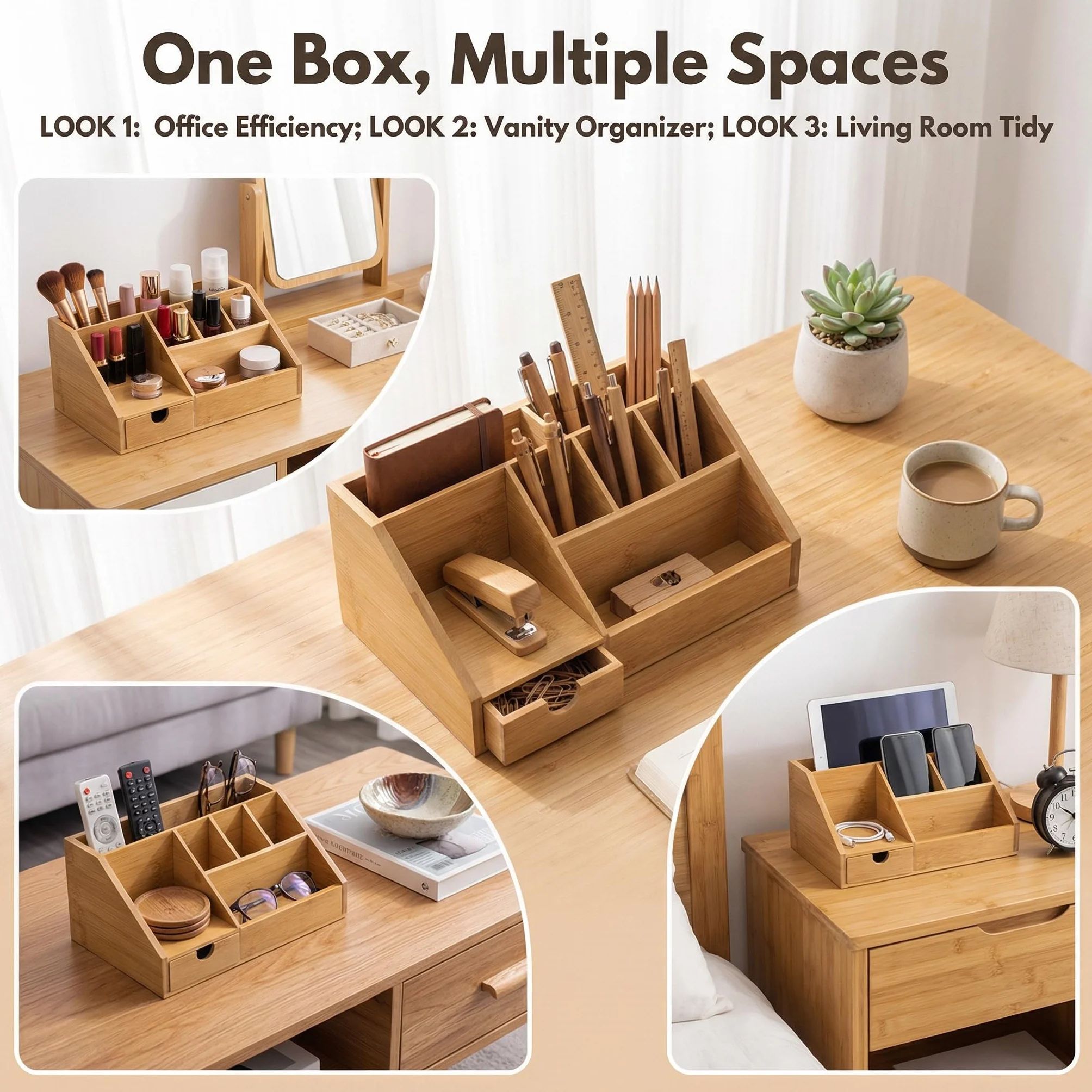 Organizer da scrivania in legno, 24,5 x 15 x 11 cm, con 7 scomparti e cassetto, con telecomando, portapenne, organizer da scrivania, per ufficio e casa