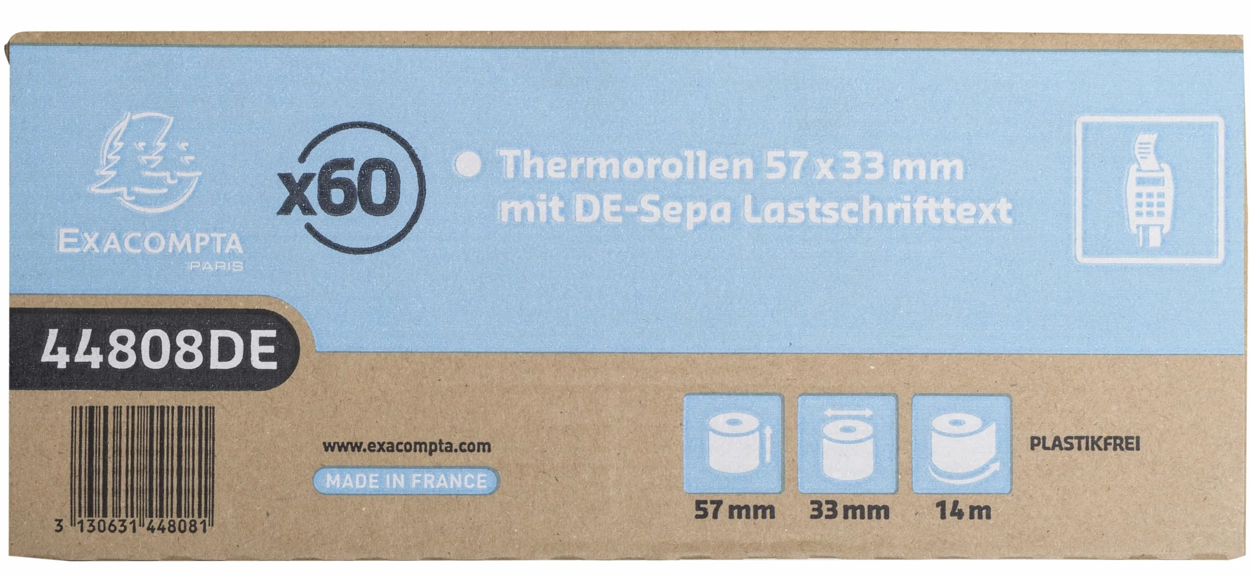 Exacompta 44808DE - Confezione da 60 rotoli di carta termica senza plastica, 1 strato, larghezza: 57 mm, lunghezza: 14 m, diametro: 12 mm, 48 g/m², stampa sul retro per carta SEPA