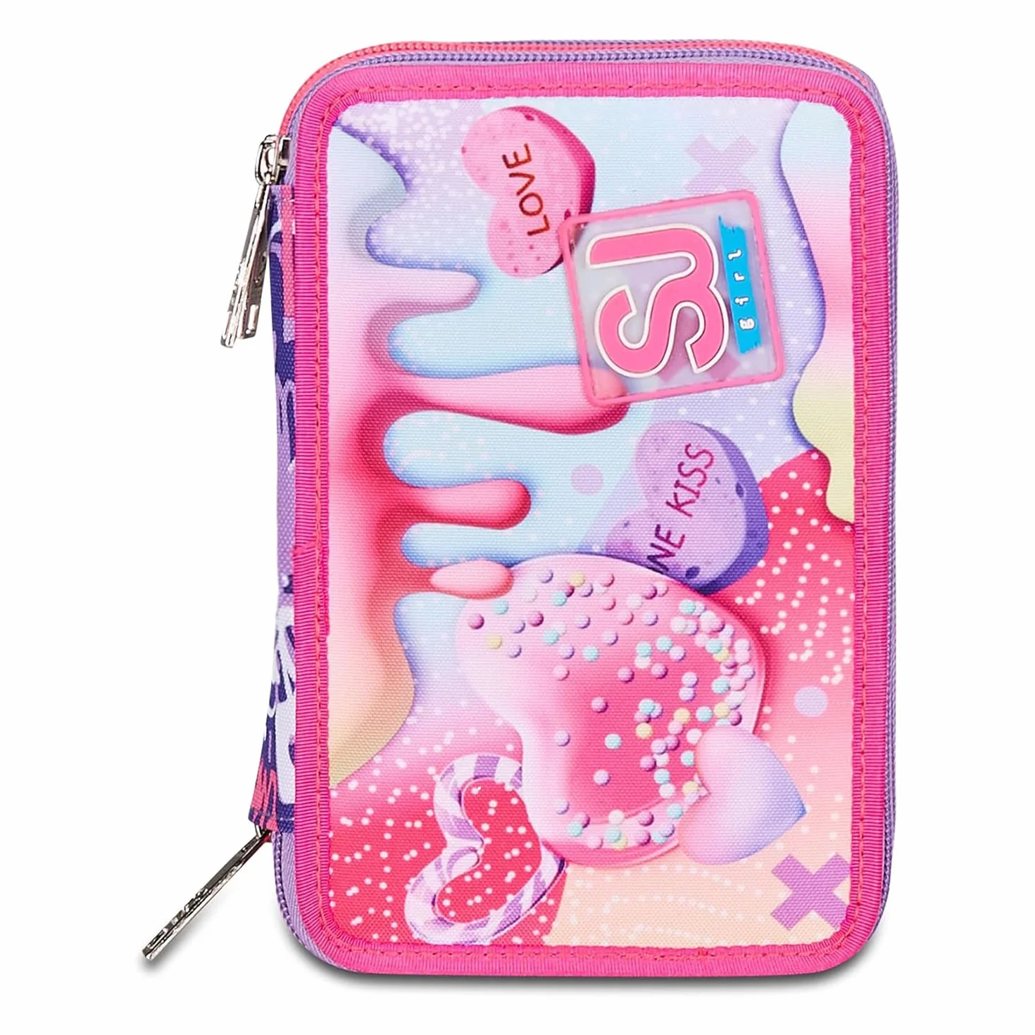 SJ Gang Astuccio Scuola 3 Zip, Rosa, Sphere Full Girl, Portapenne Triplo Scomparto Completo Di Penne, Matite, Colori, Accessori Zaino, Elementari, Medie, Bambina
