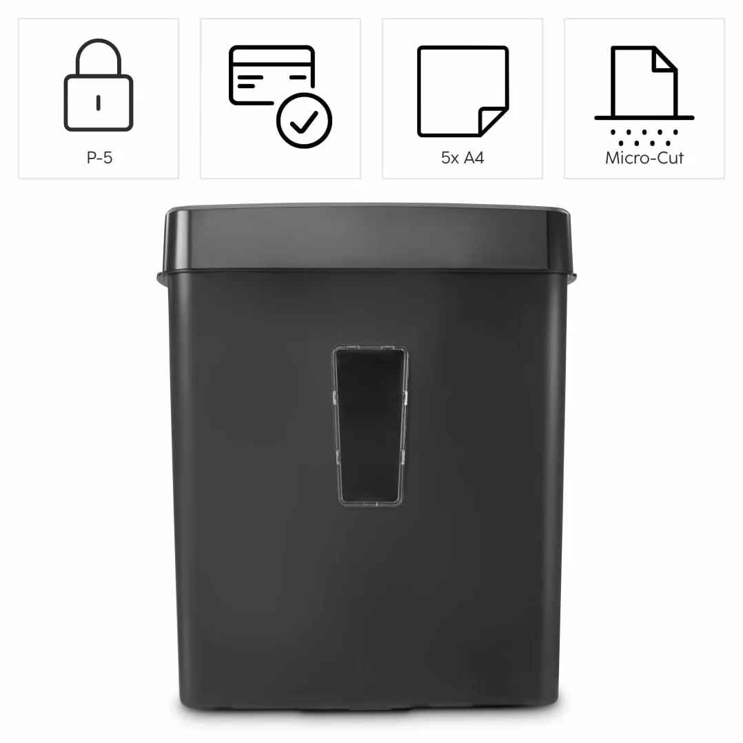 Hama Trituratore Carta Distruggidocumenti Carta DVD Graffette 5 Fogli A4 Lame Acciai Sicurezza Automatica/Off Funzione Ritorno Cestino 13L Sicurezza P5 T2 E2 O1 Nero