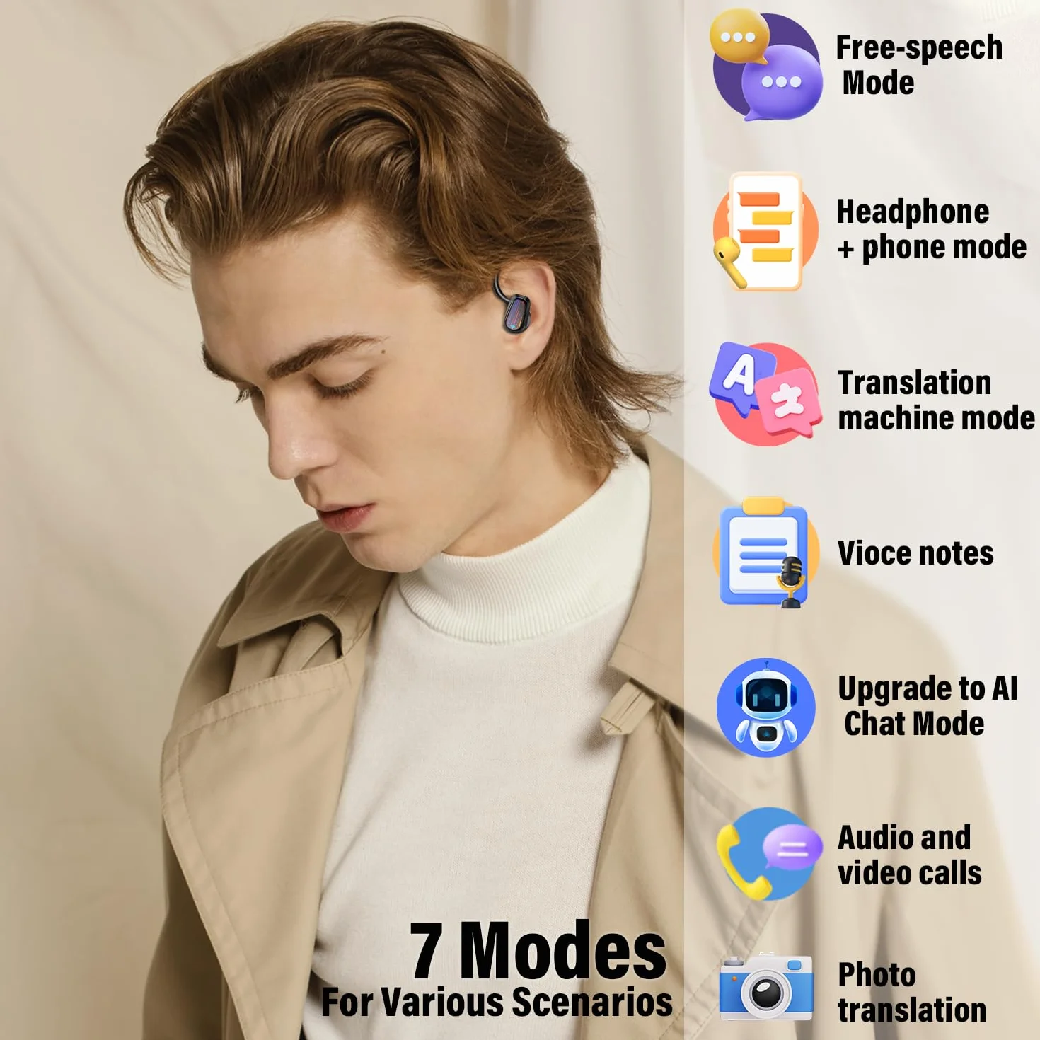 OYIB AI Cuffie Traduzione, Bluetooth 5.4 Auricolari con 164 Lingue/6 Modalità di Traduzione Nero Chiaro
