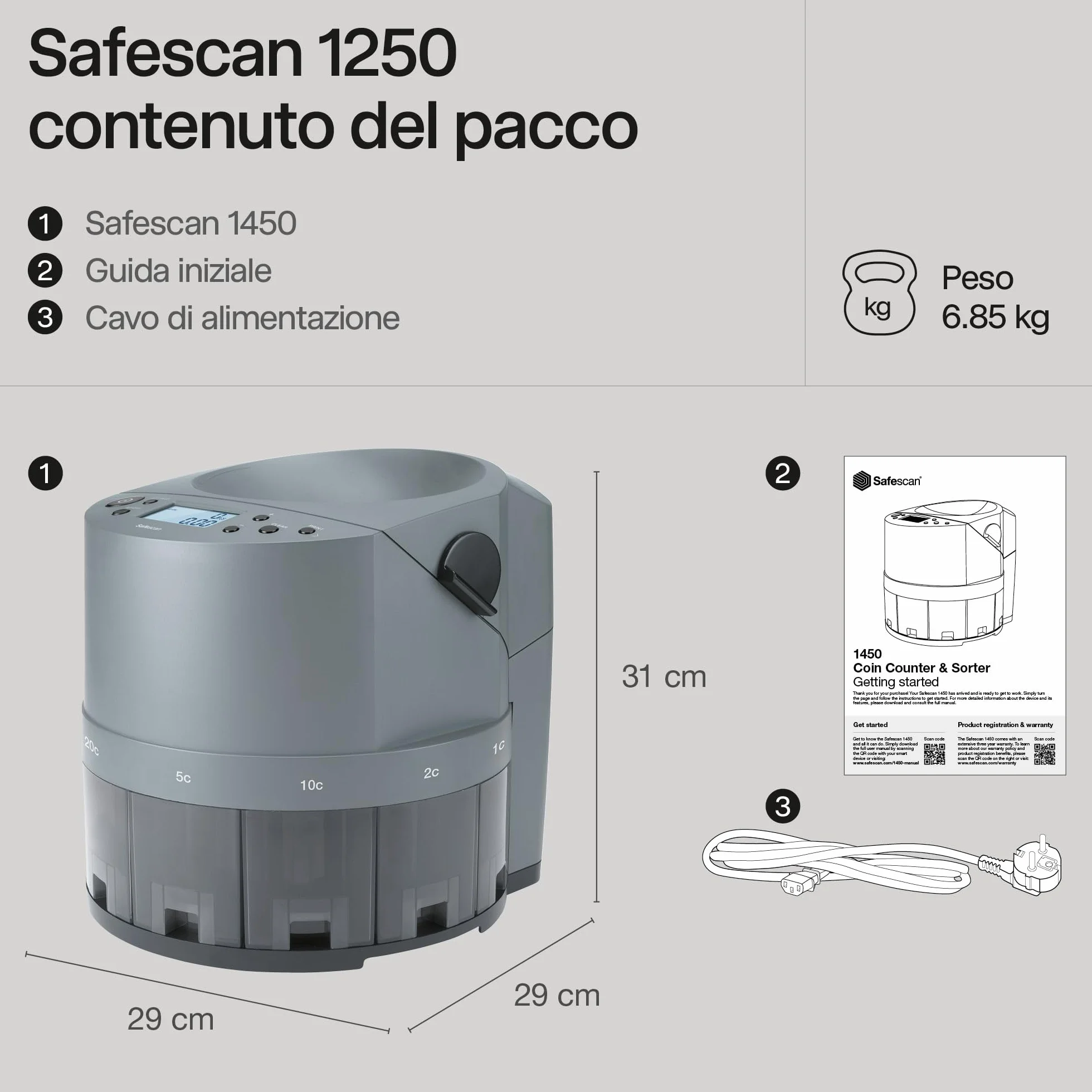 Safescan 1450 Contamonete che conta e smista velocemente grandi volumi di monete miste in euro - Contamonete che smista le monete per taglio - Contamonete per il conteggio continuo delle monete