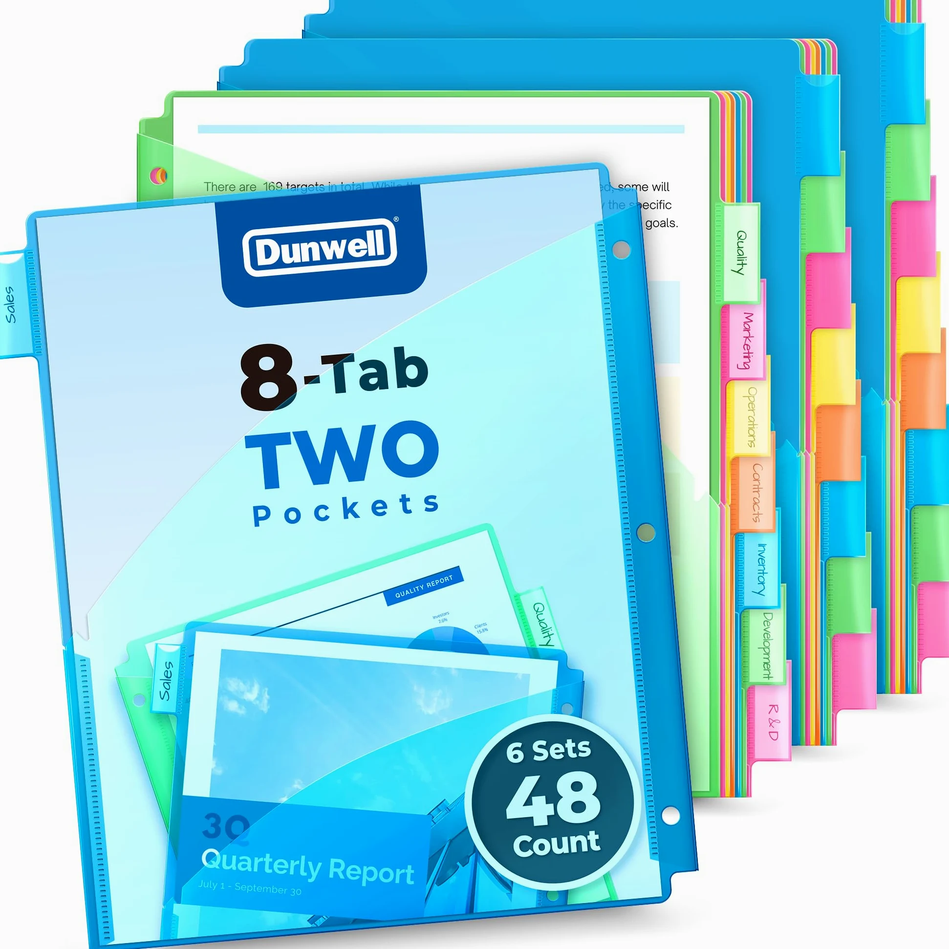Dunwell Divisori a 2 tasche con 8 linguette (6 set, 48 pezzi), 5 colori, in plastica, 8 divisori per raccoglitori a 3 anelli, include inserti per etichette, poliestere resistente senza acidi