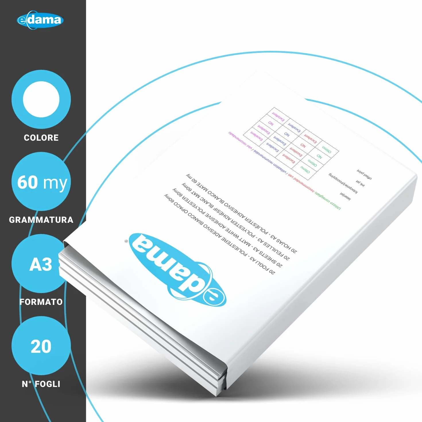 Fogli Adesivi Stampabili A3 297x420 mm Poliestere PVC Adesivo Opaco Impermeabile per Stampa Laser Bianco