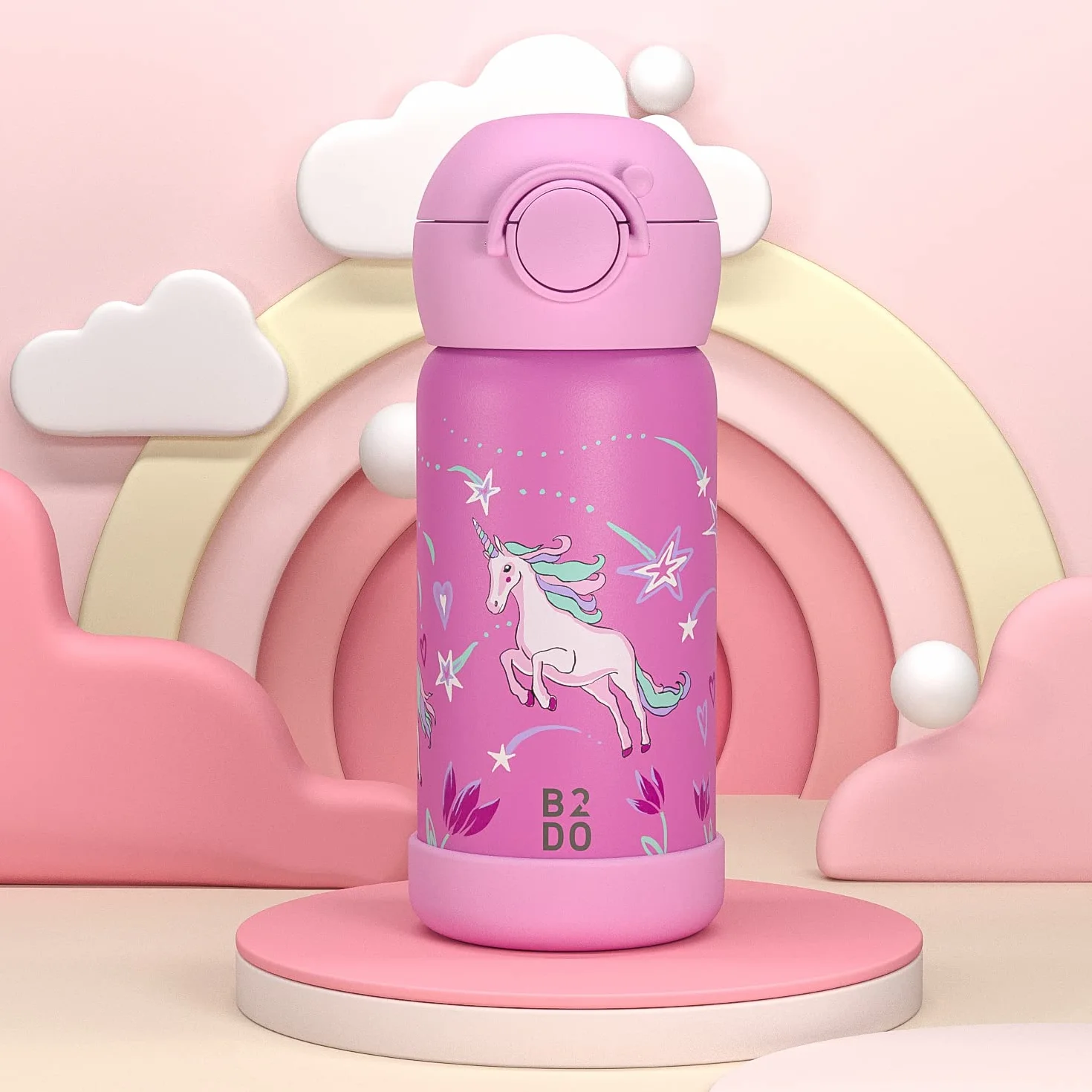 Borraccia Acciaio 316 Inox Doppia Parete 350ml Unicorno Rosa Bottiglia Termica per Bambini Isolata