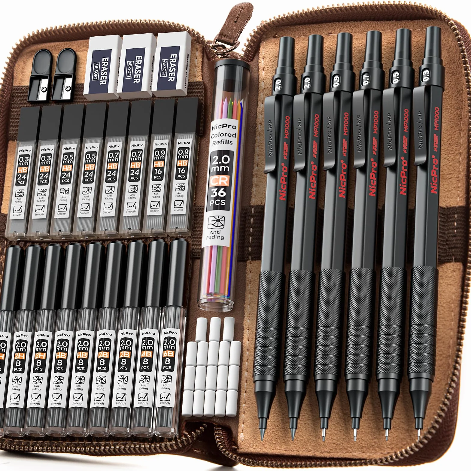 Nicpro 6 pezzi matite meccaniche in custodia pelle, portamine da disegno artistico da 0,3 0,5 0,7 0,9 2 mm per schizzi e scrittura, matita con 18 ricariche di mine (6B 4B 2B HB 2H 4H colori)