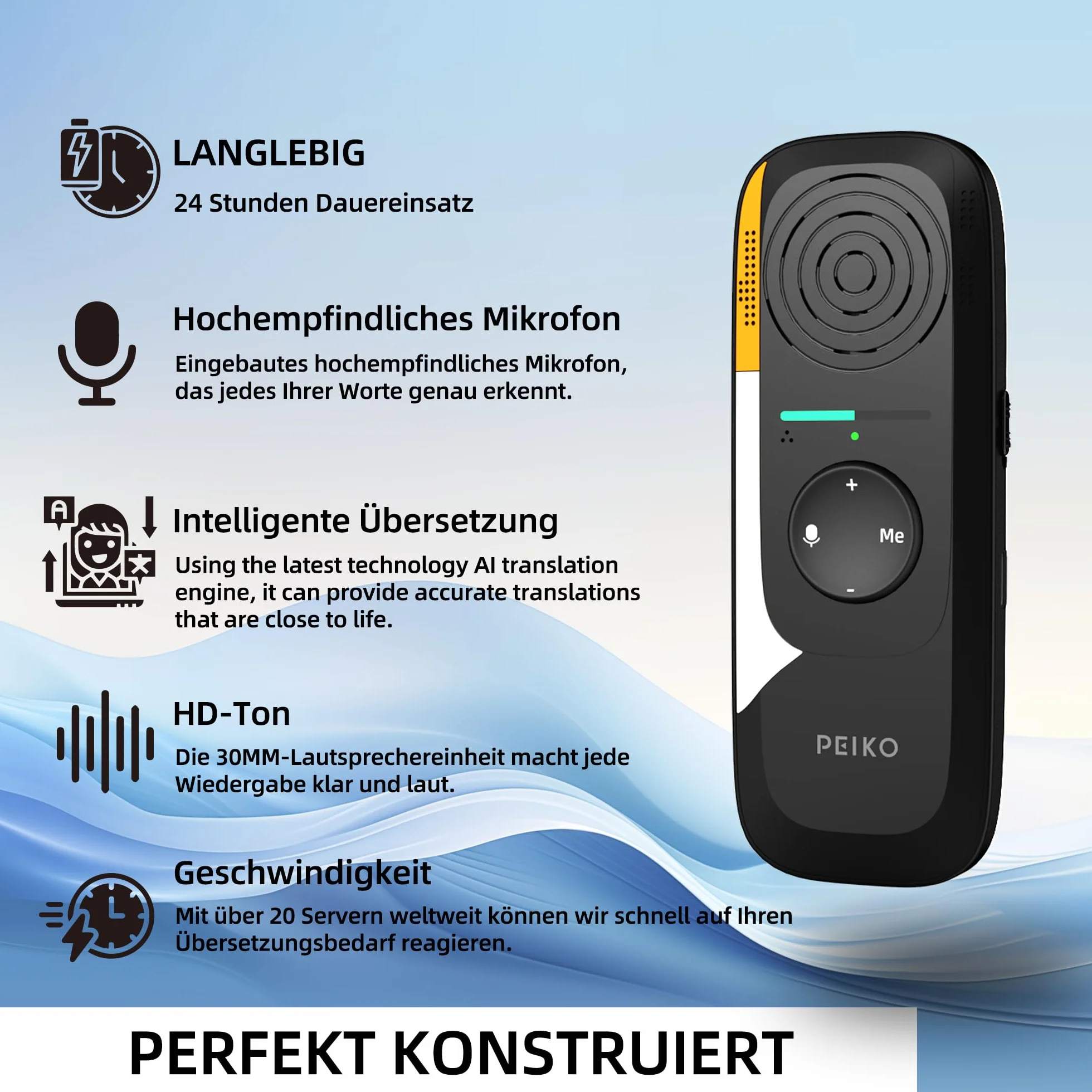 Peiko Traduttore vocale - Traduttore AI in tempo reale con 75 lingue e 136 accenti, traduzione offline bidirezionale, mini traduttore per viaggi, apprendimento e viaggi d'affari