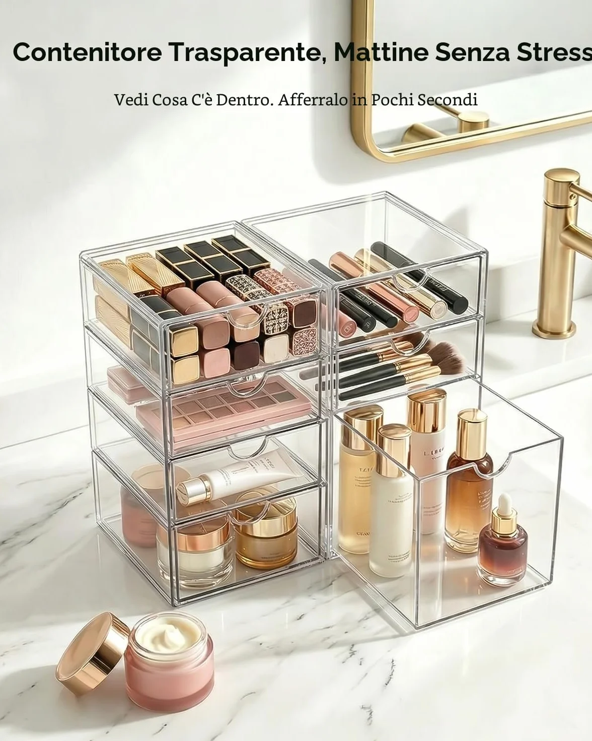 GoMaihe Set di 2 Organizer da Scrivania, Portaoggetti Make-up con 7 Cassetti, Trasparenti, Antipolvere per Trucco, Gioielli, Penne, Cancelleria
