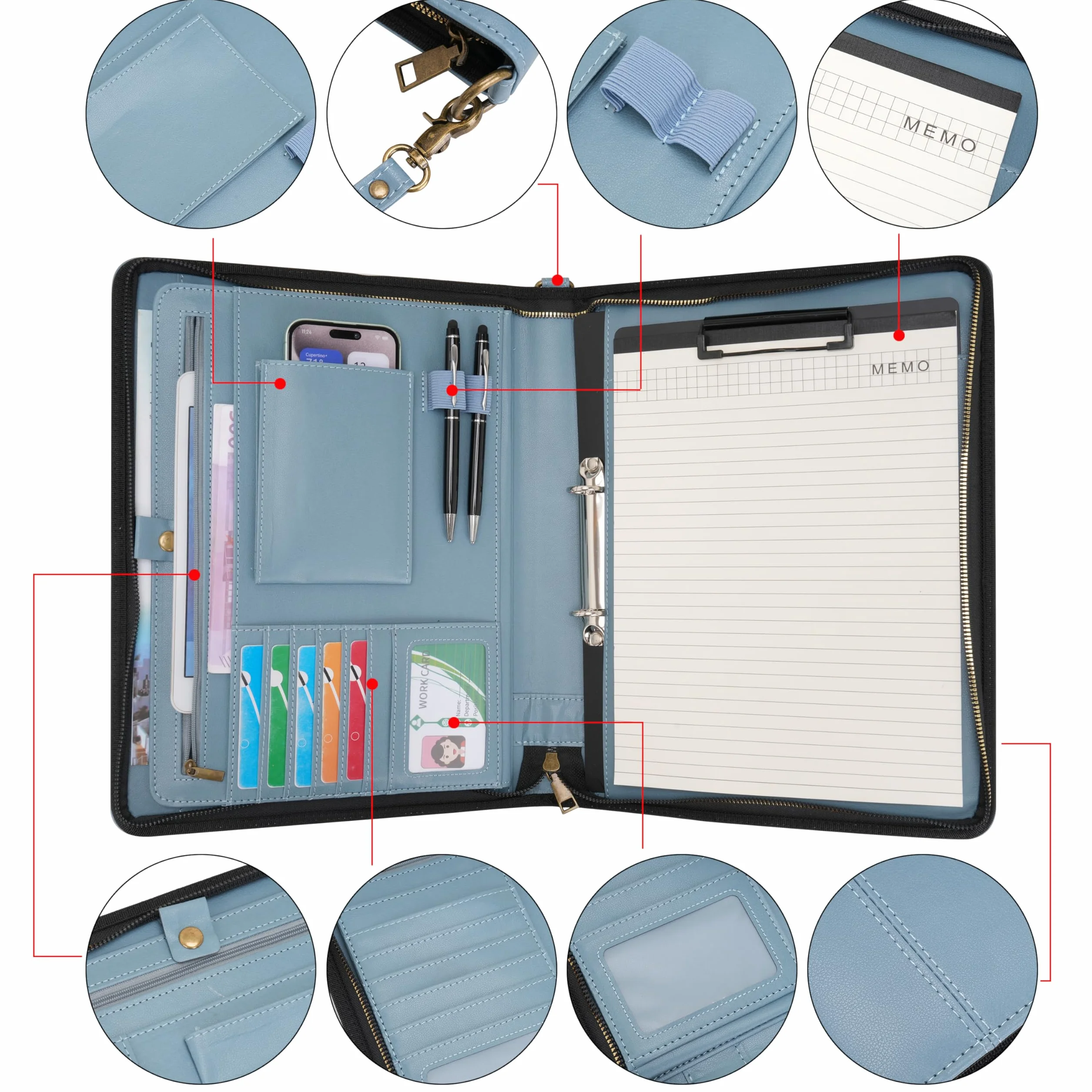 Wason Cartella A4 con Cerniera Portafoglio Pelle PU Raccoglitore Anelli Staccabile Supporto Blocco Note Organizzatore Ufficio Viaggi Scuola Blu nebbia