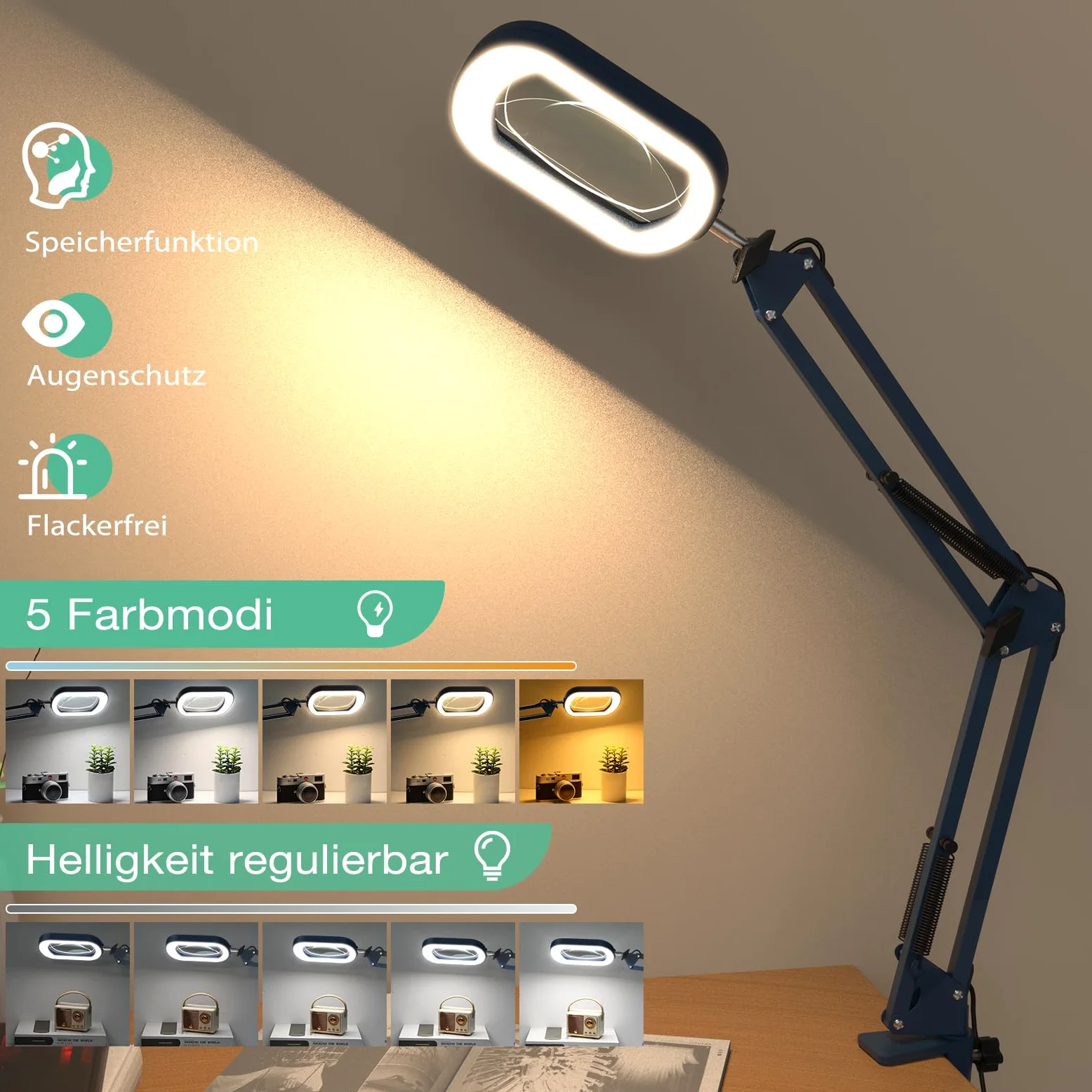 10 lenti con luce e morsetto, lente d'ingrandimento per illuminazione in vetro, 5 modalità di colore e dimmerabilità continua, lampada da scrivania a LED, a mani libere, per artigianato, hobby