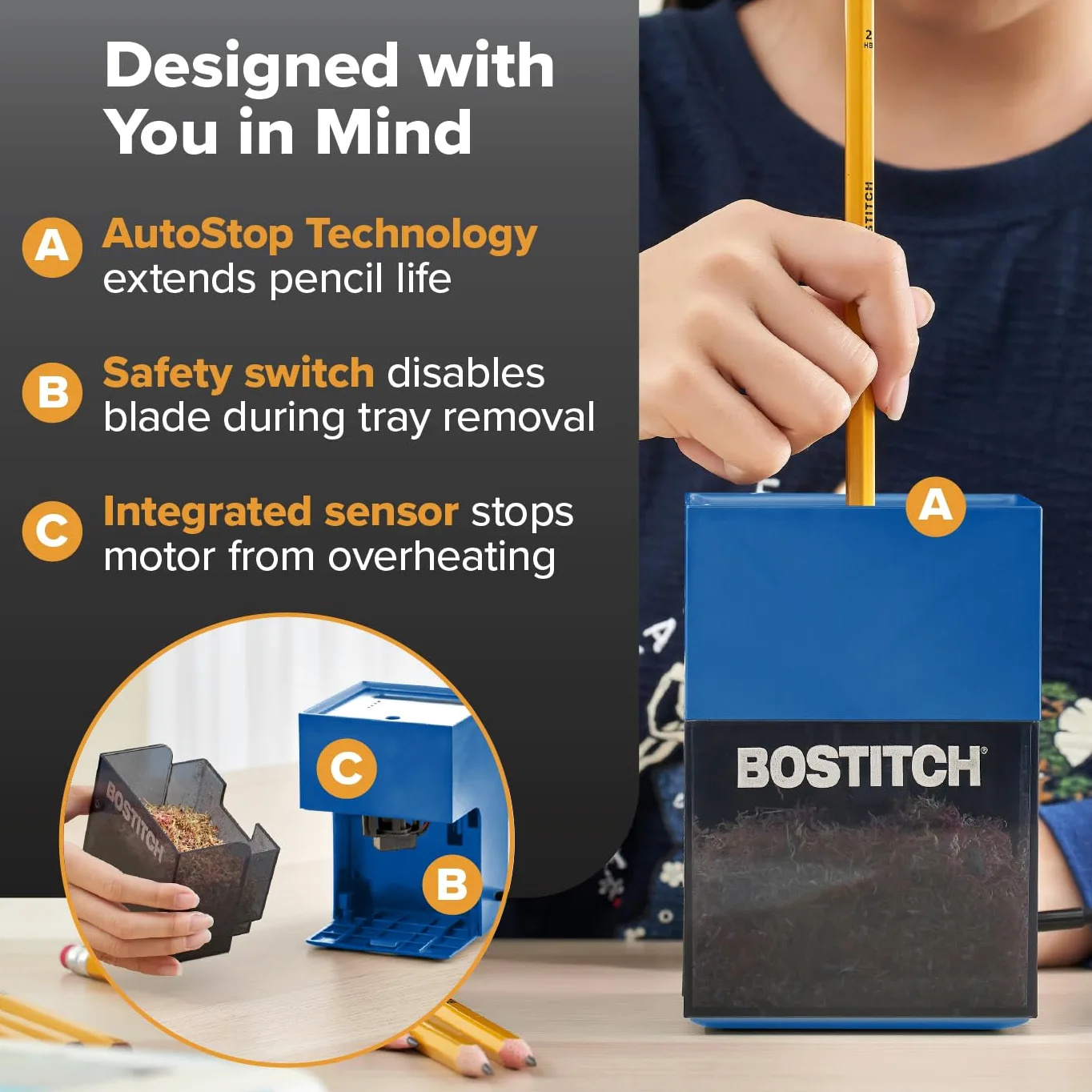 Bostitch Konnect - Temperamatite a batteria ricaricabile per organizer da scrivania KT2 n. 2/matite colorate, blu