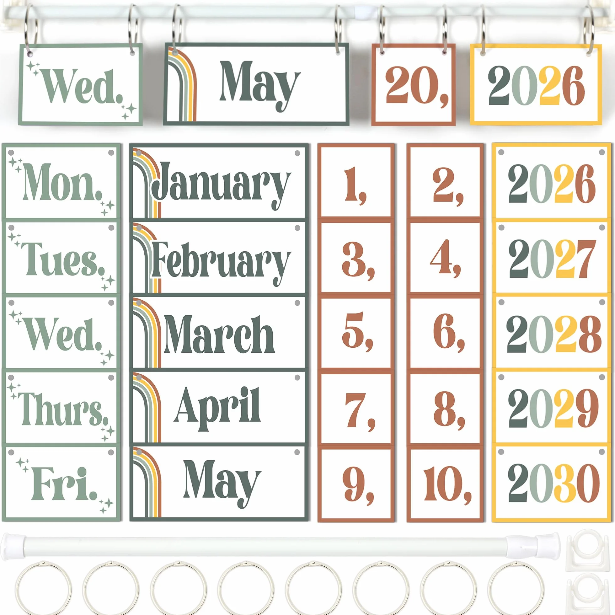 Set di calendari bohémien moderni e bohémien, con supporto, decorazione per aula bohémien, con 54 biglietti per data, supporto regolabile per calendario per aula e la casa