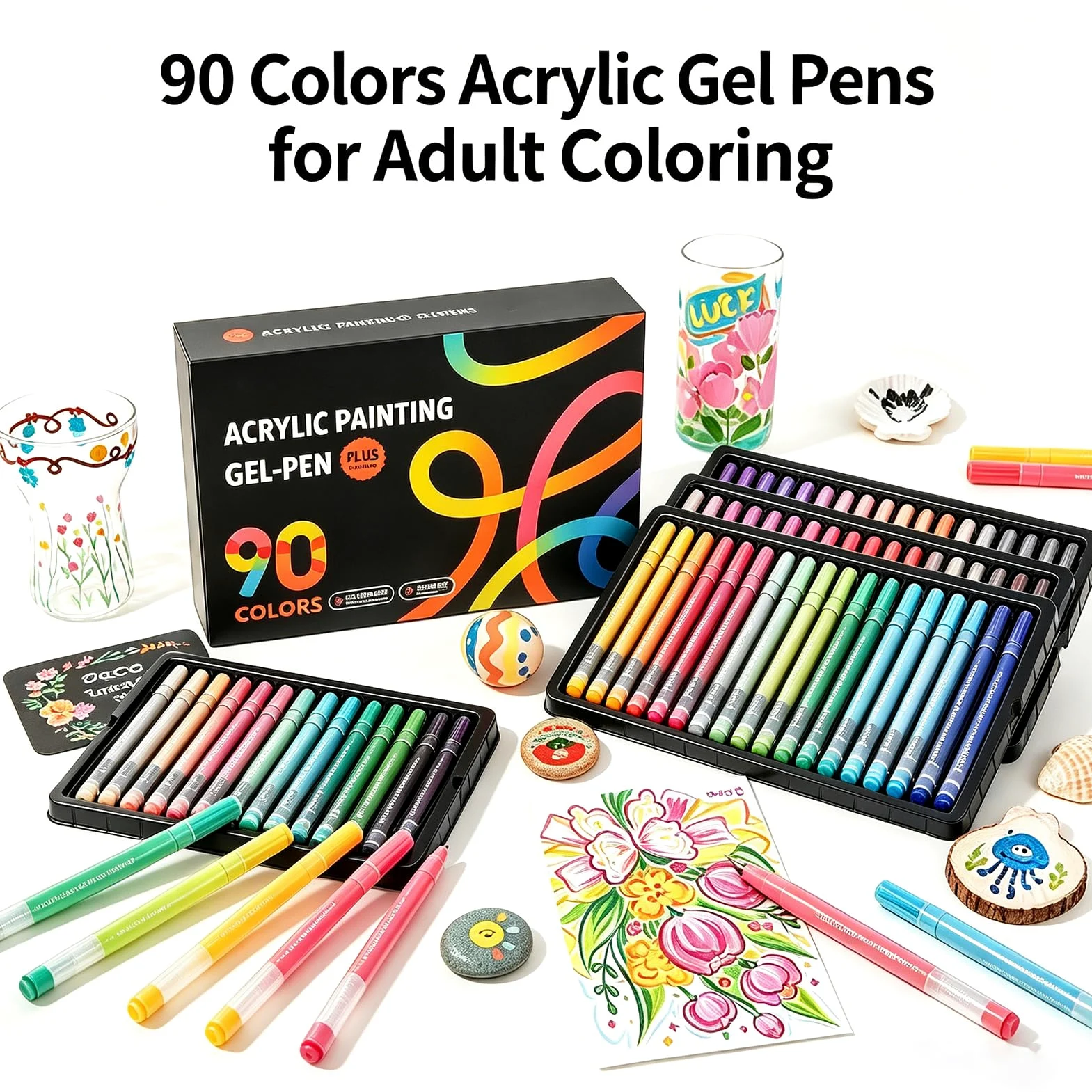90 penne acriliche del gel di colori con la punta della pallottola di 1.0mm per la colorazione adulta | Penne gel colorate multisuperficie per pittura, diario, disegno, scrittura, appunti, artigianato artistico fai da te